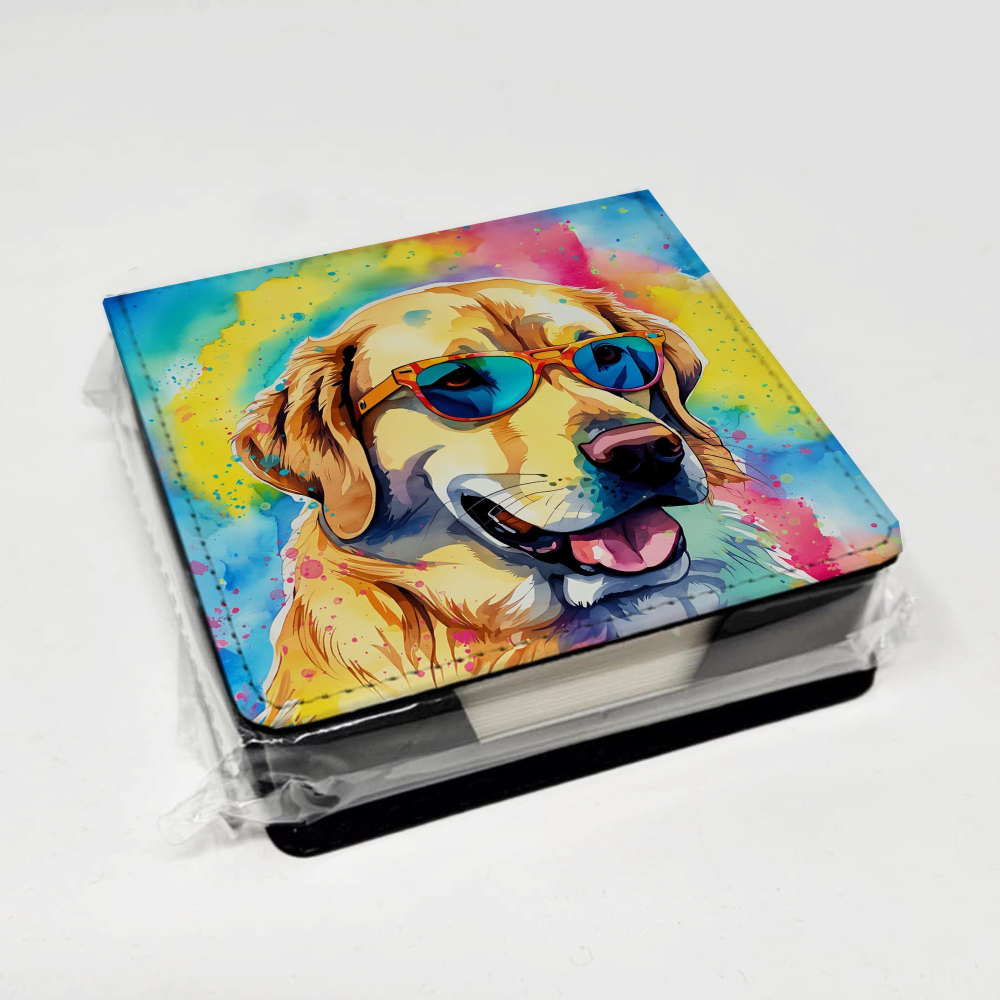 Yellow Labrador Hippie Dawg PU Leather Note Paper Holder with Artist-Designed Cover, Desk Accessory, Office Gift