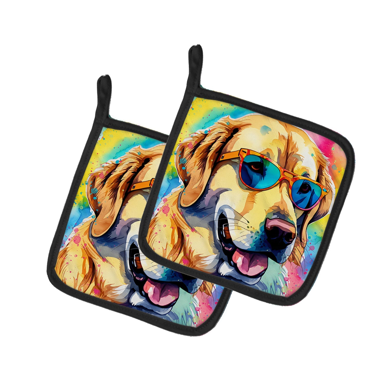 Yellow Labrador Hippie Dawg Pot Holder Set of 2 Heat Resistant Quilted Hot Pads 7.5 x 7.5 Inch, Insulated Kitchen Trivets for Cooking & Baking