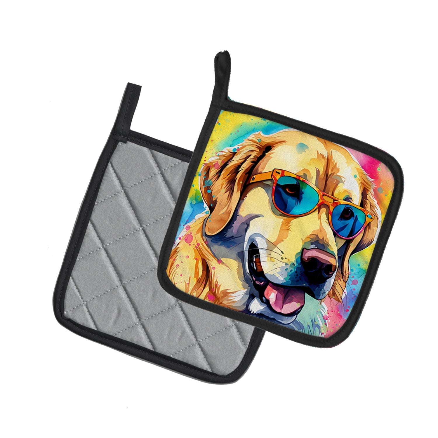 Yellow Labrador Hippie Dawg Pot Holder Set of 2 Heat Resistant Quilted Hot Pads 7.5 x 7.5 Inch, Insulated Kitchen Trivets for Cooking & Baking