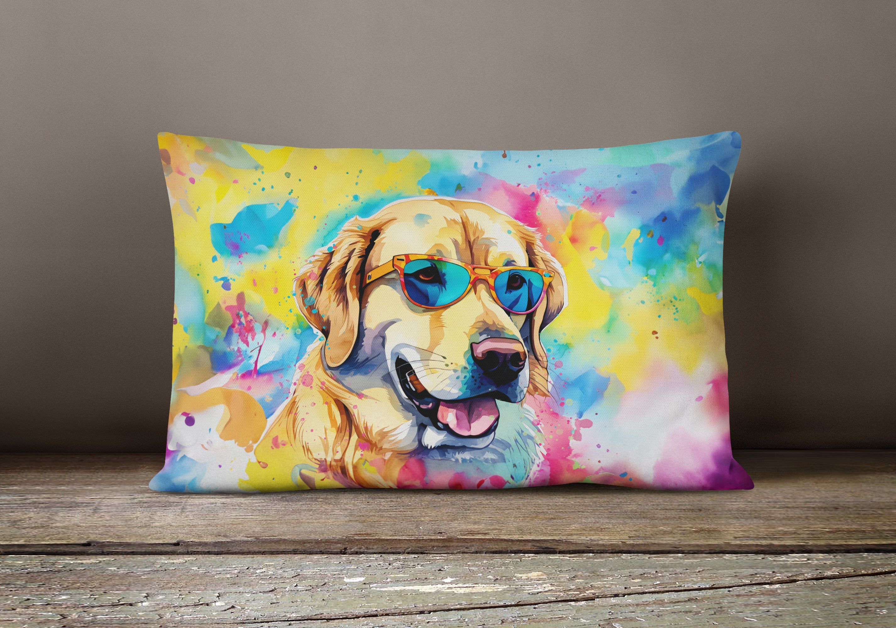 Yellow Labrador Hippie Dawg Decorative Throw Pillow 12x16 Indoor Outdoor Accent Cushion, Fabric Cover with Insert for Sofa, Bed, Porch & Living Room