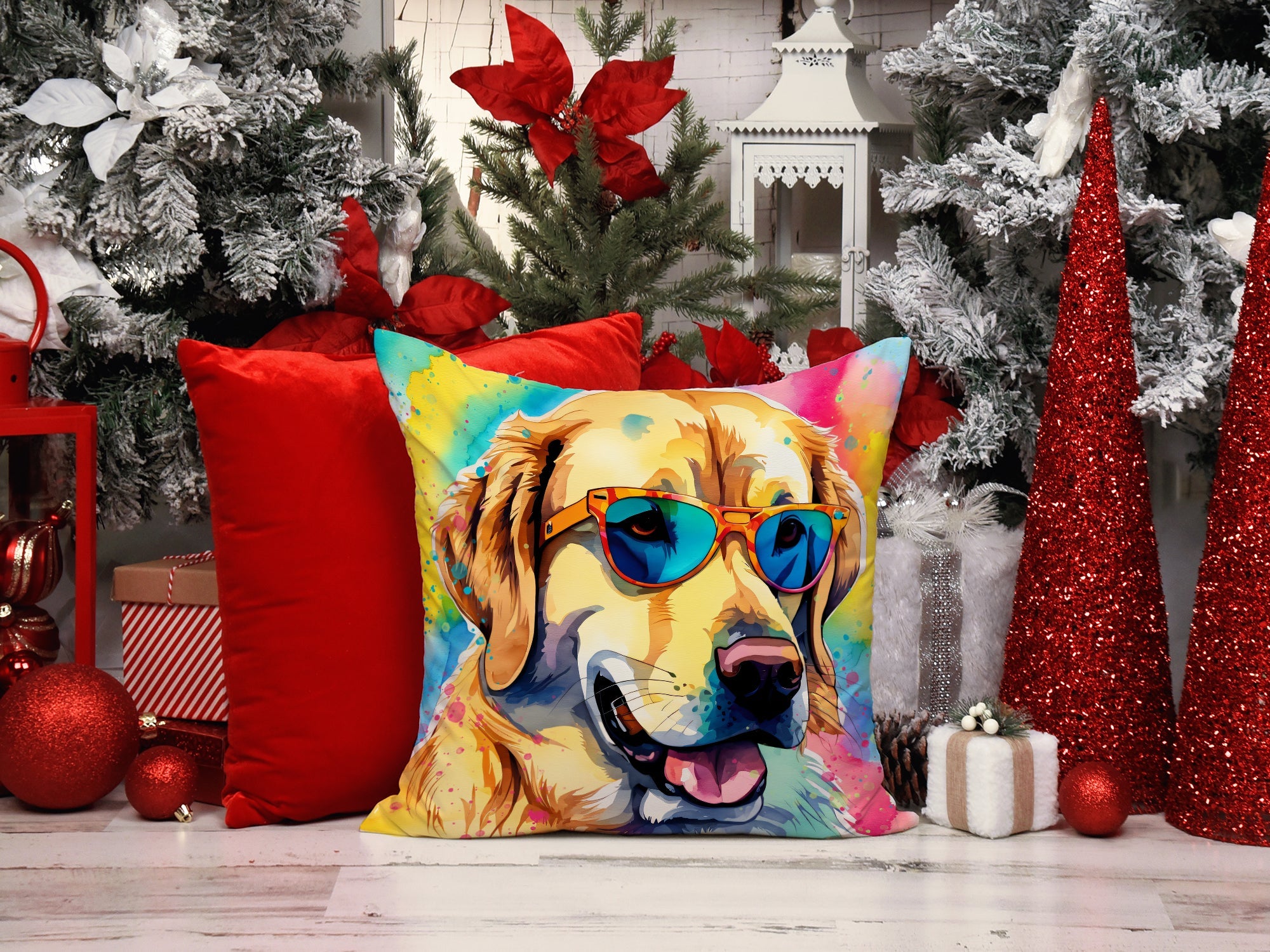 Yellow Labrador Hippie Dawg Decorative Throw Pillow 14x14 Indoor Outdoor Accent Cushion, Fabric Cover with Insert for Sofa, Bed, Porch & Living Room