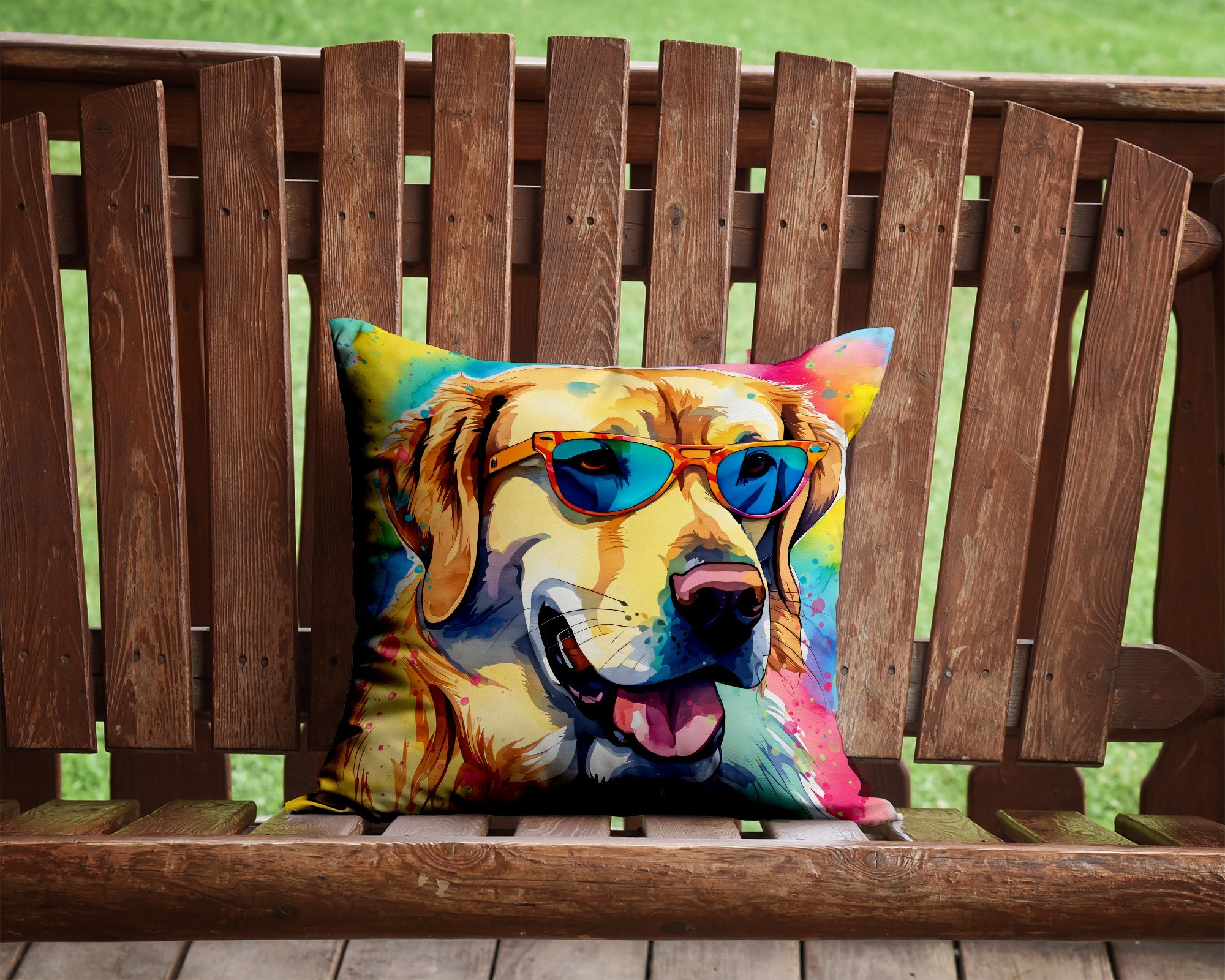 Yellow Labrador Hippie Dawg Decorative Throw Pillow 14x14 Indoor Outdoor Accent Cushion, Fabric Cover with Insert for Sofa, Bed, Porch & Living Room