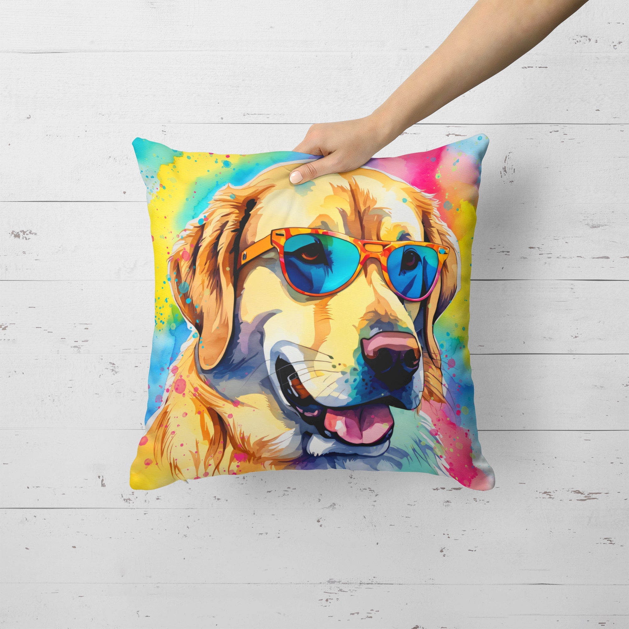 Yellow Labrador Hippie Dawg Decorative Throw Pillow 18x18 Indoor Outdoor Accent Cushion, Fabric Cover with Insert for Sofa, Bed, Porch & Living Room