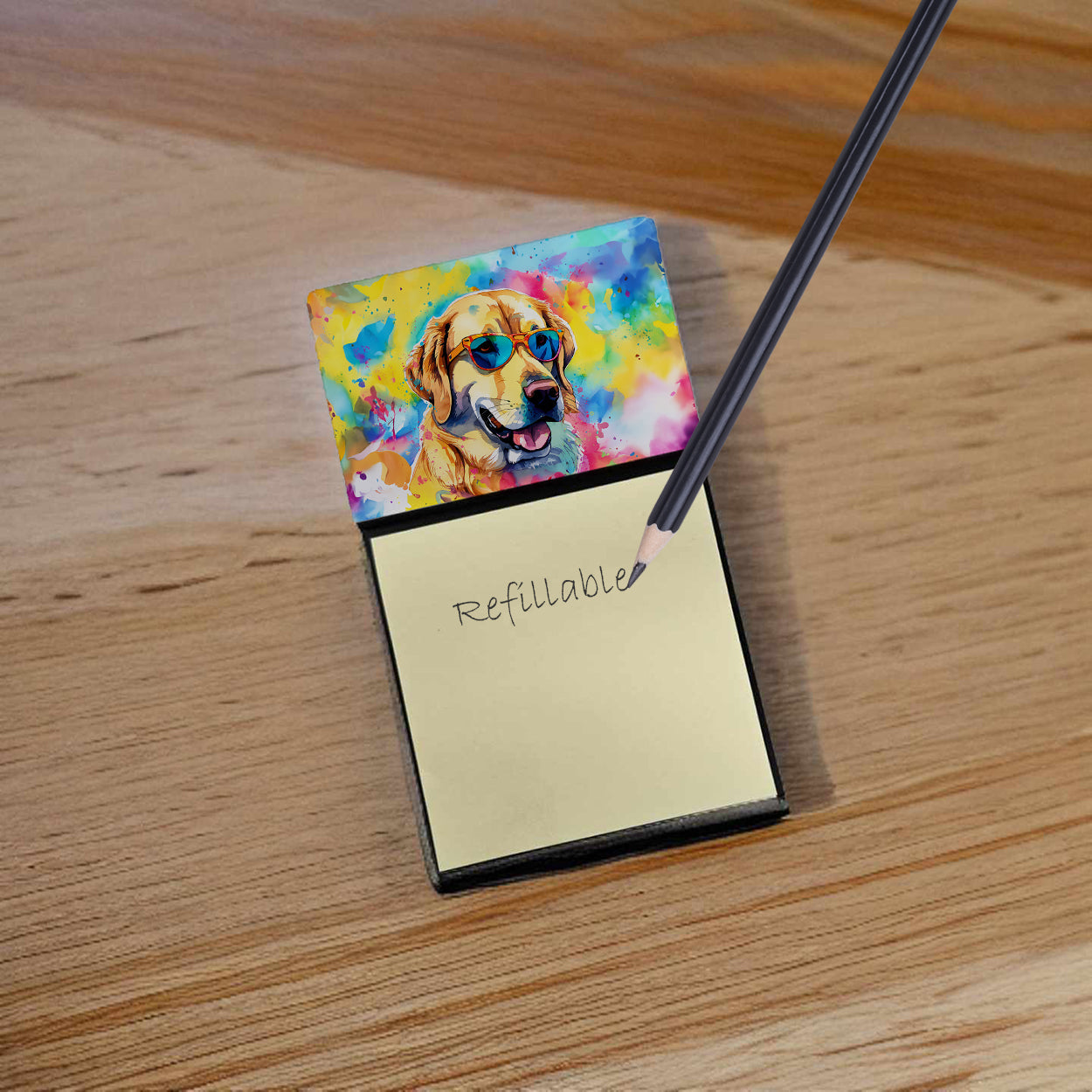 Yellow Labrador Hippie Dawg Watercolor Sticky Note Holder Refillable Dispenser Desk Accessory 3x3 Pad Gift