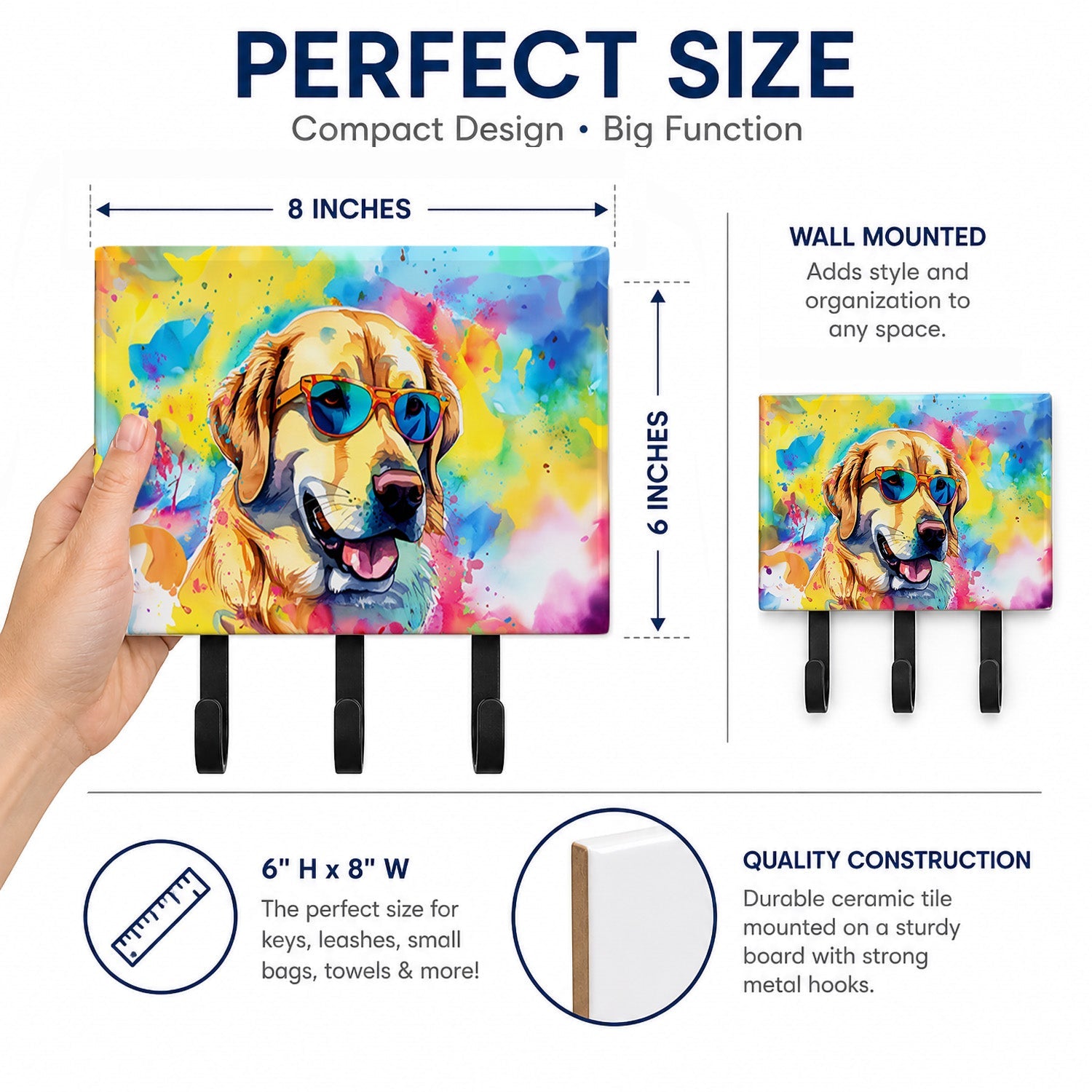 Yellow Labrador Hippie Dawg Leash or Key Holder Wall Hooks, Coat Rack Wall Mount, for Hanging Keys, Towels, Aprons, Leashes