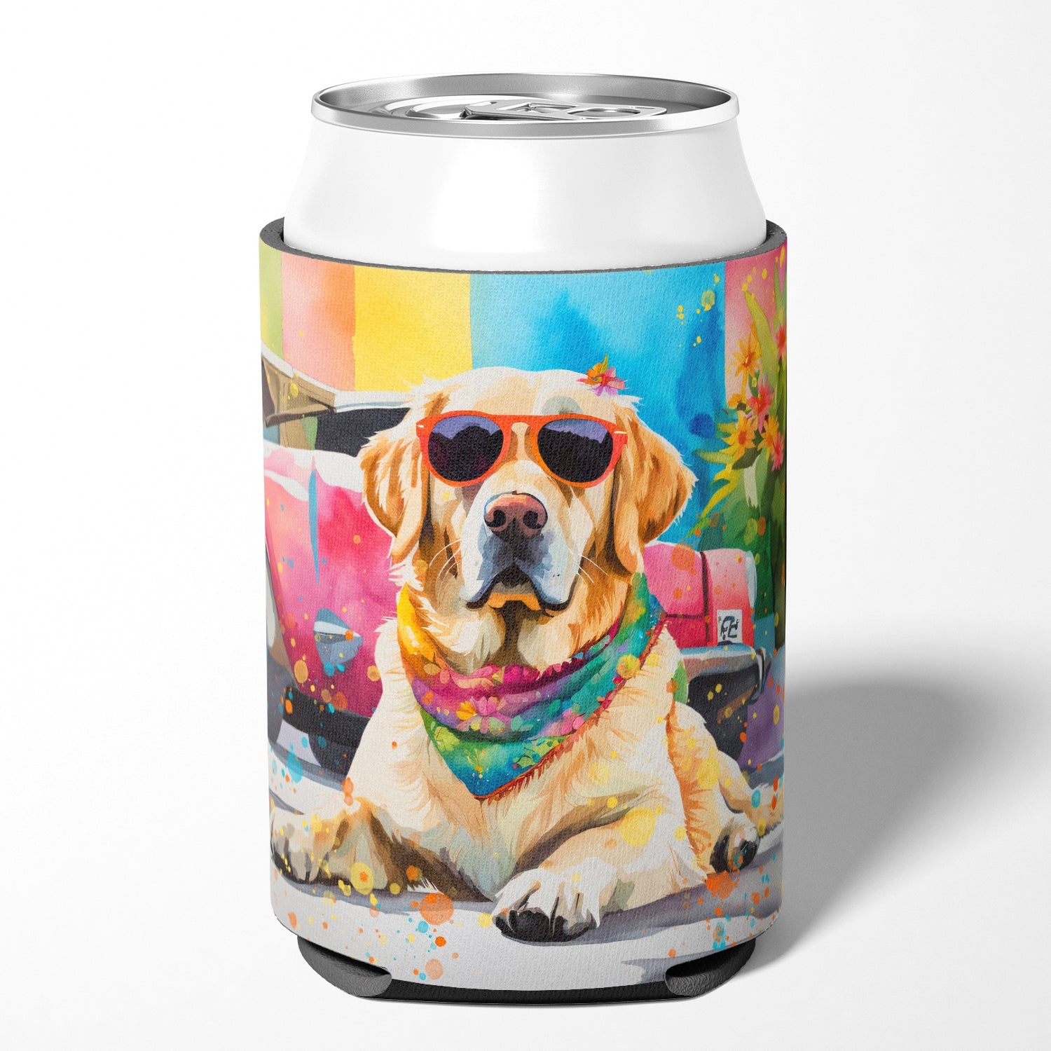 Yellow Labrador Hippie Dawg Can or Bottle Hugger Cooler Sleeve for Standard 12 oz Cans, Insulated Foam Beer & Soda Can Hugger Reusable