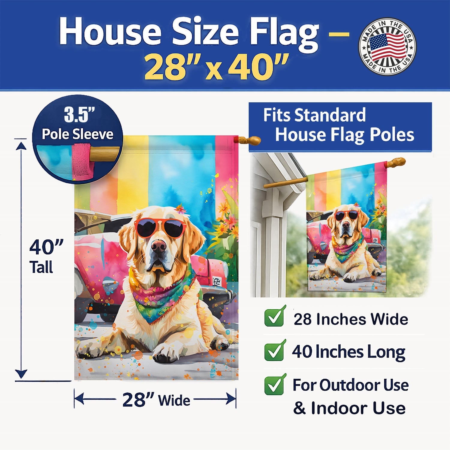 Yellow Labrador Hippie Dawg House Flag 28x40 Porch Sleeve Pole Decorative Outside Yard Banner Artwork Wall Hanging, Polyester
