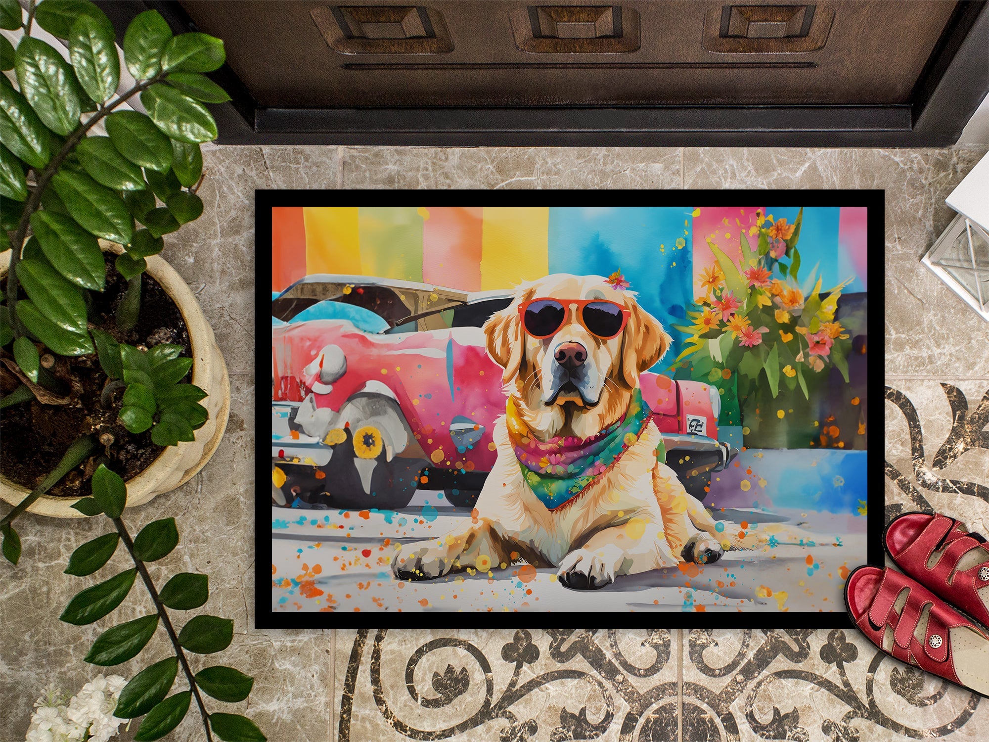 Yellow Labrador Hippie Dawg Doormat Indoor Outdoor 24H X 36W Front Door Mat Rugs for Entryway, Non Slip Washable Low Pile,