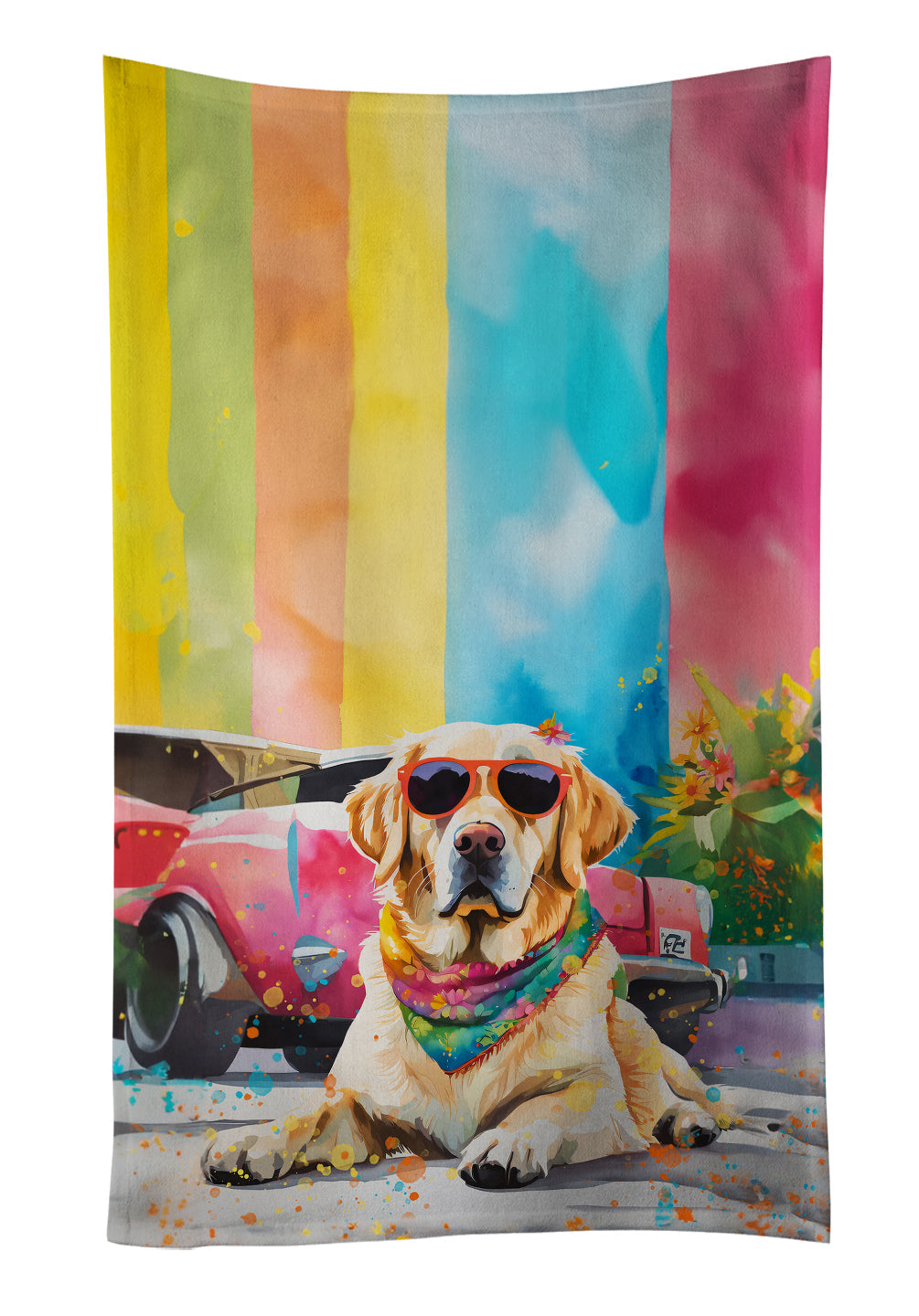 Yellow Labrador Hippie Dawg Kitchen Towel Velour Plush Front and Cotton Loop Back Machine Washable