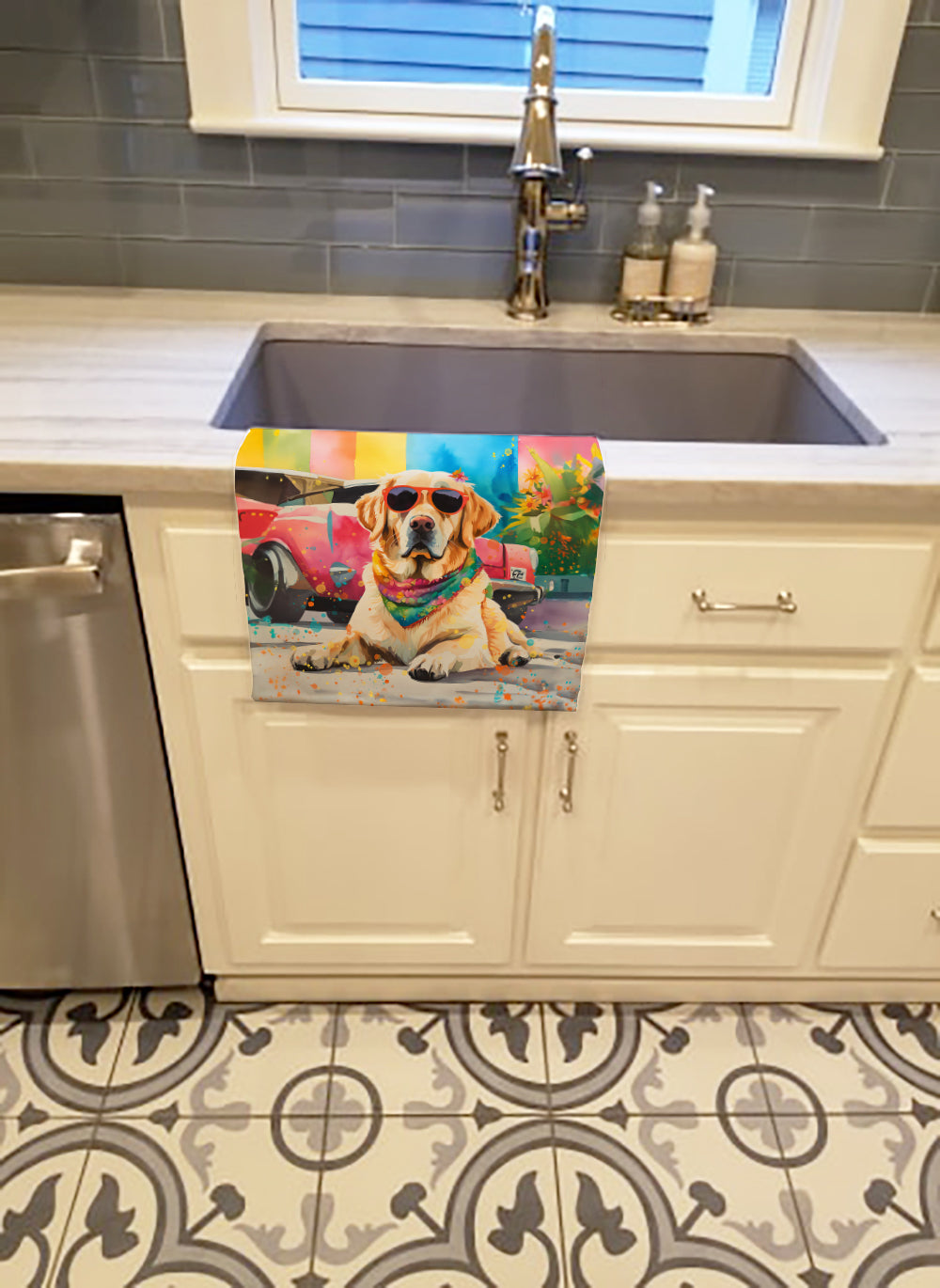 Yellow Labrador Hippie Dawg Kitchen Towel Velour Plush Front and Cotton Loop Back Machine Washable