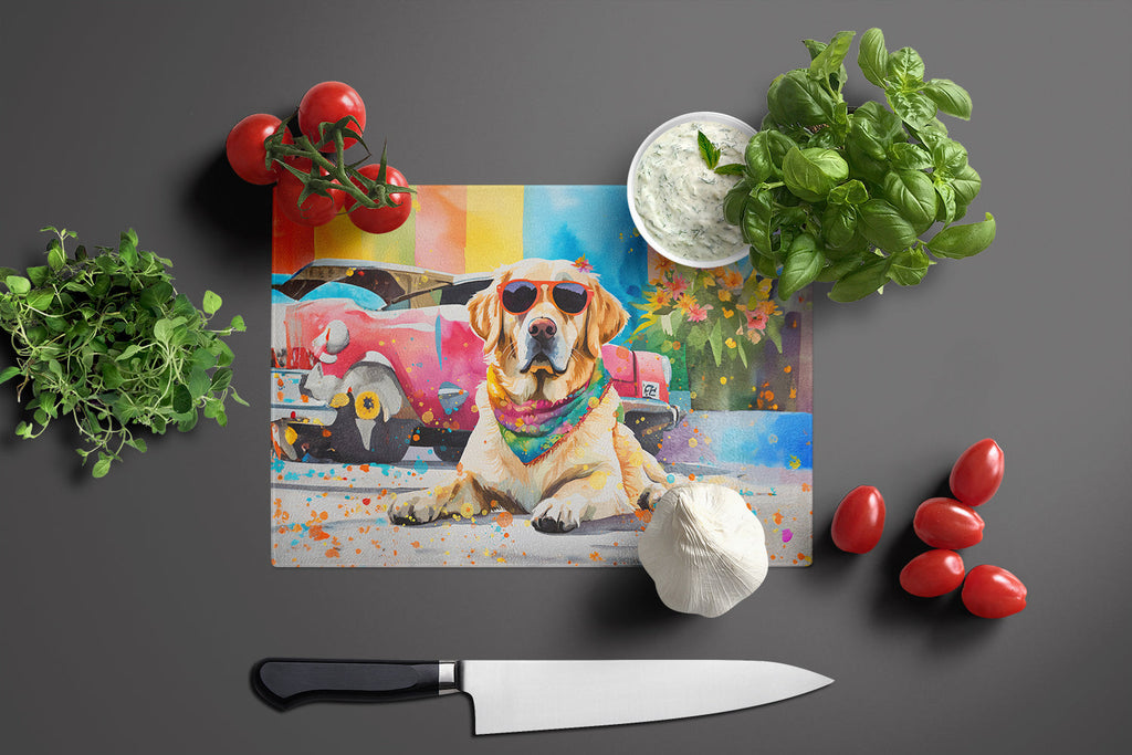 Yellow Labrador Hippie Dawg Cutting Board Tempered Glass Kitchen Cutting Surface, Heat Resistant Chopping, Non-Slip Feet, Food Prep & Serving