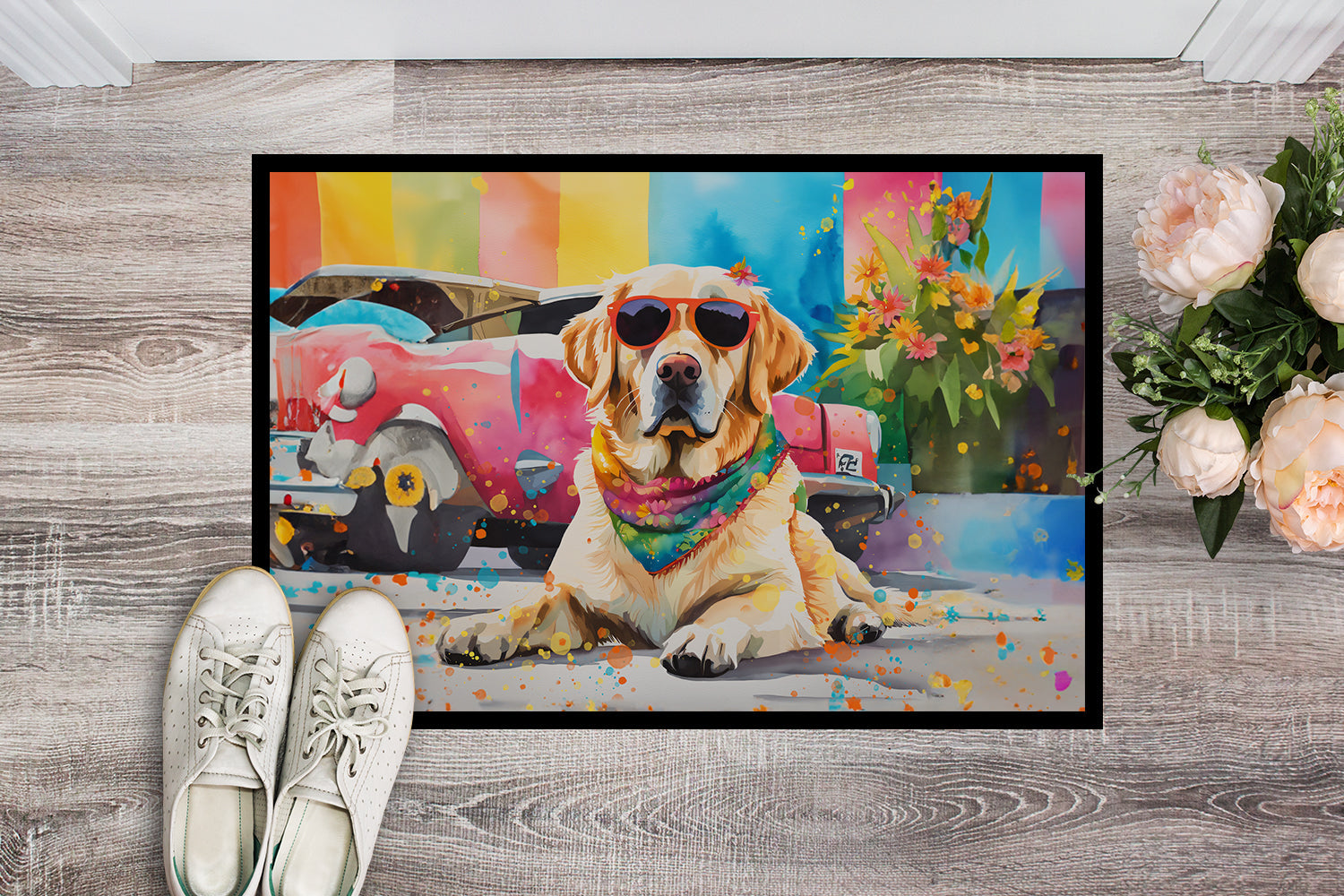 Yellow Labrador Hippie Dawg Doormat Indoor Outdoor 18H X 27W Front Door Mat Rugs for Entryway, Non Slip Washable