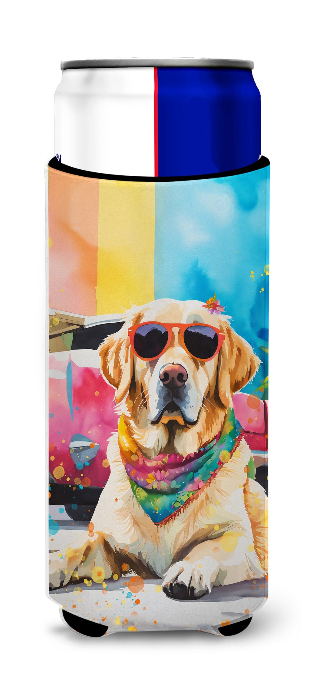 Yellow Labrador Hippie Dawg Slim Can Hugger , Insulated Foam Hugger for 12 oz Slim Cans, Beer Bottles & Water Bottles, Printed in USA