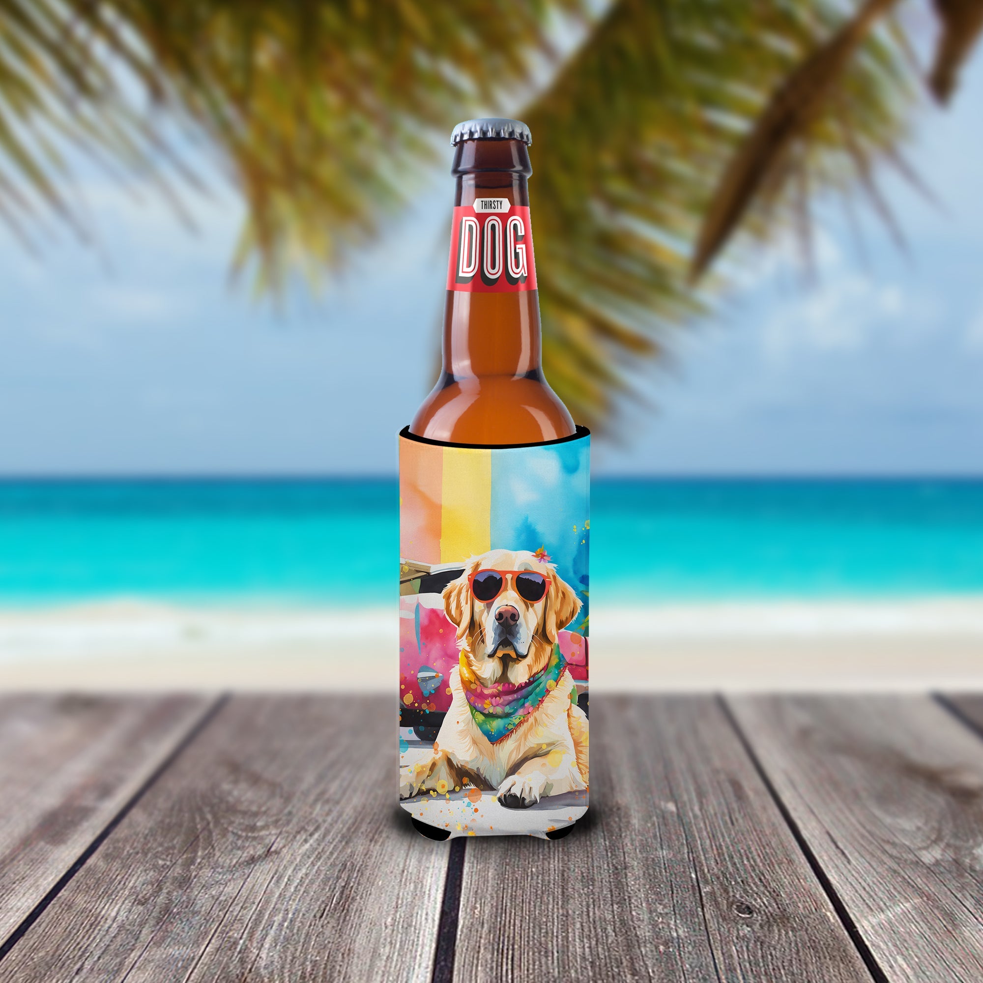 Yellow Labrador Hippie Dawg Slim Can Hugger , Insulated Foam Hugger for 12 oz Slim Cans, Beer Bottles & Water Bottles, Printed in USA