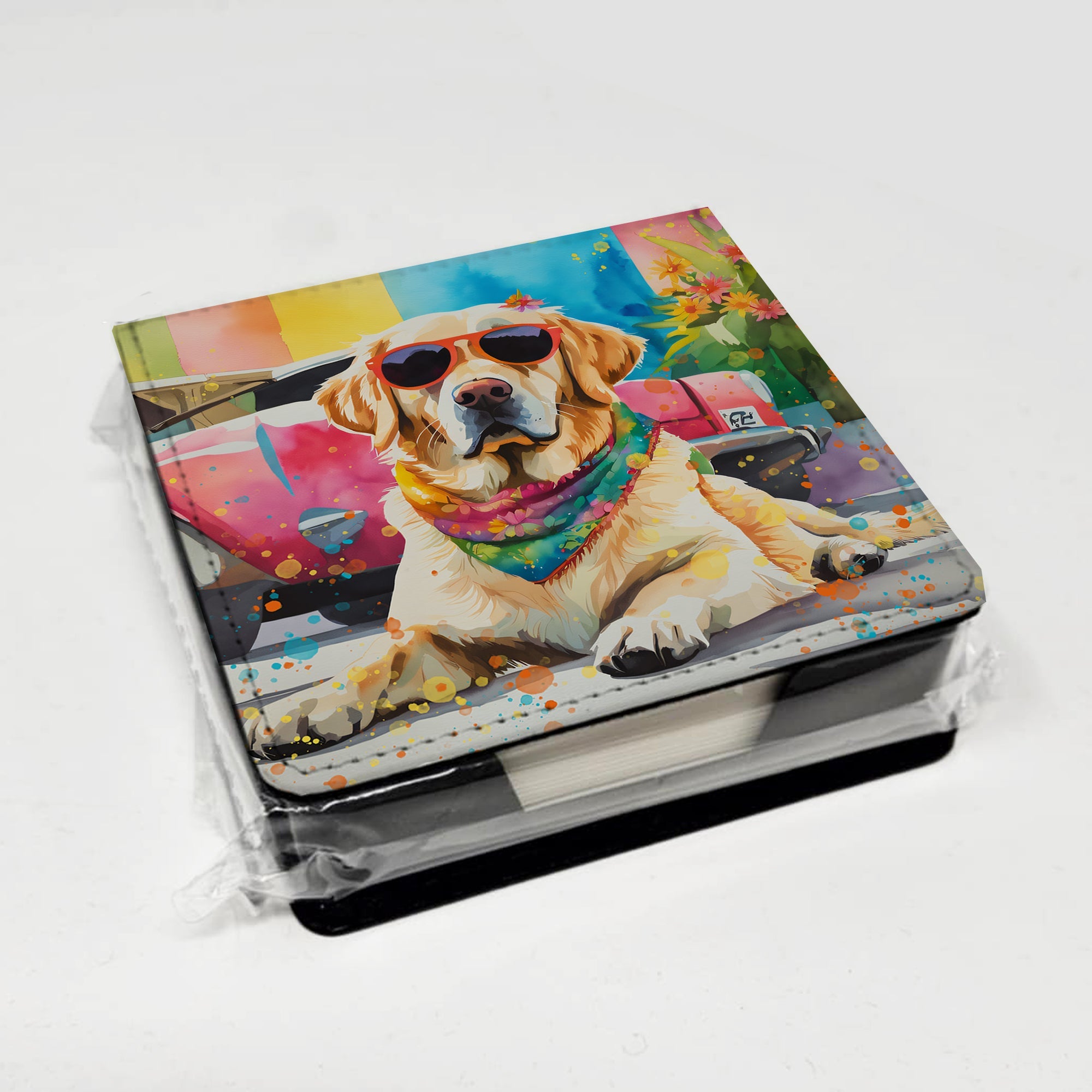 Yellow Labrador Hippie Dawg PU Leather Note Paper Holder with Artist-Designed Cover, Desk Accessory, Office Gift