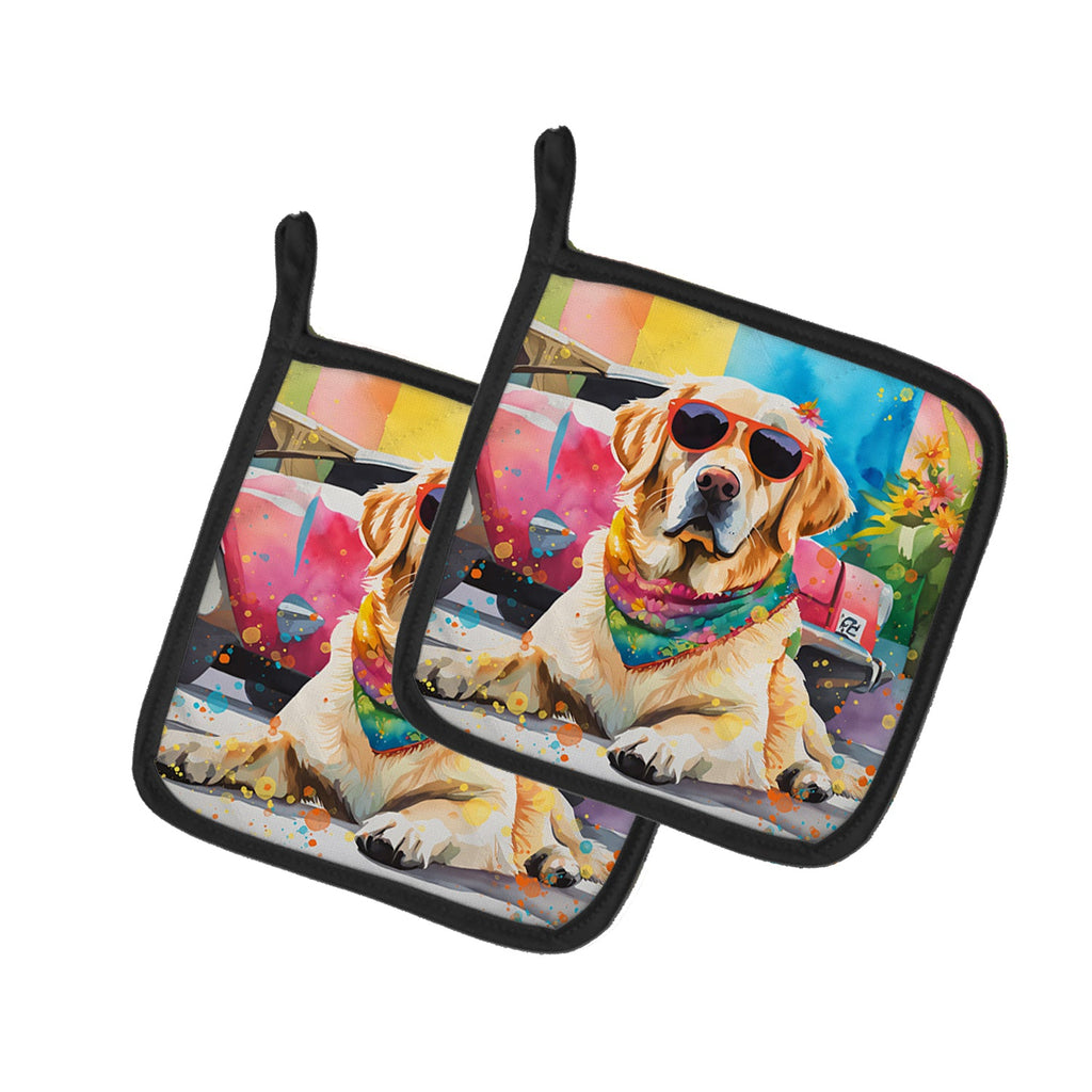 Yellow Labrador Hippie Dawg Pot Holder Set of 2 Heat Resistant Quilted Hot Pads 7.5 x 7.5 Inch, Insulated Kitchen Trivets for Cooking & Baking