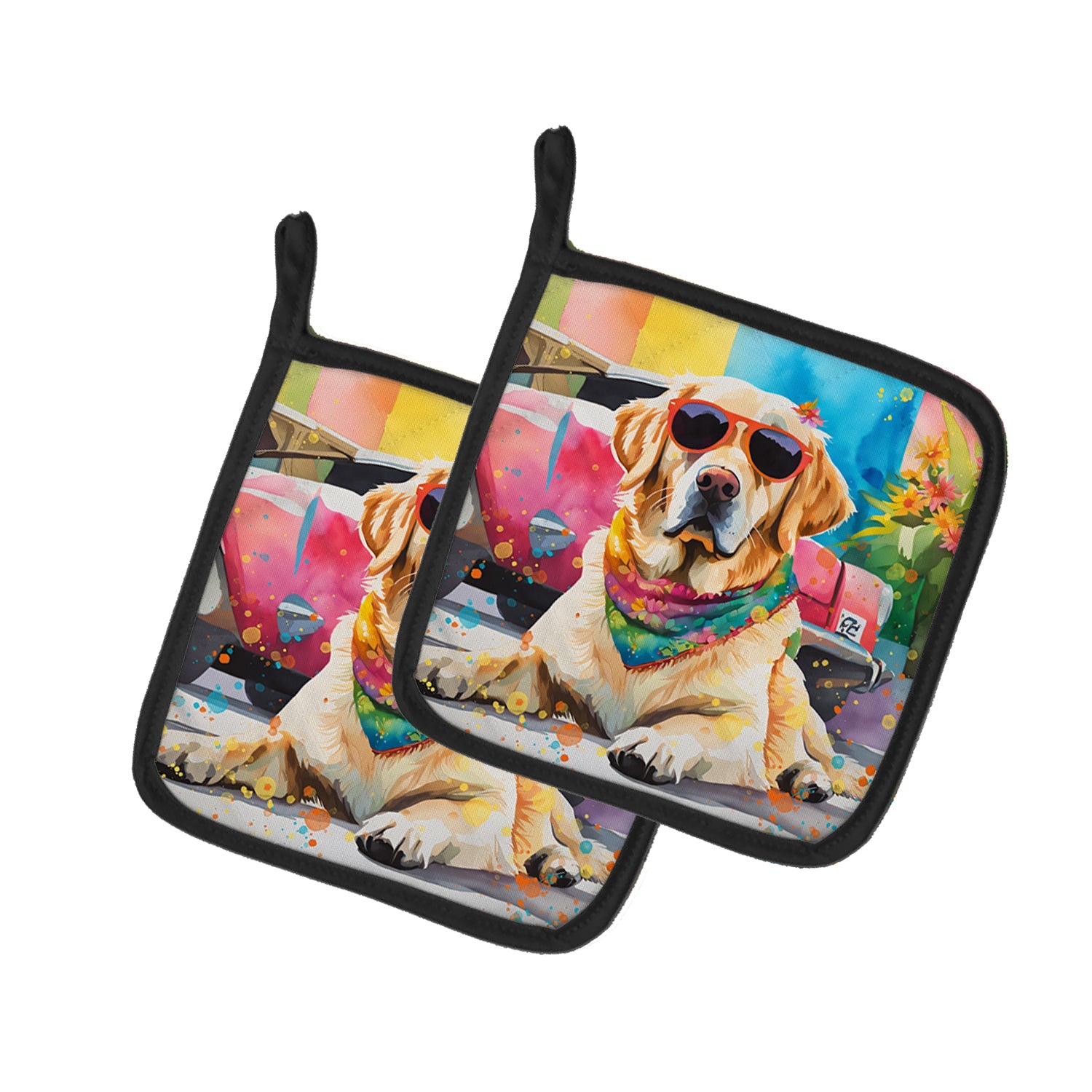 Yellow Labrador Hippie Dawg Pot Holder Set of 2 Heat Resistant Quilted Hot Pads 7.5 x 7.5 Inch, Insulated Kitchen Trivets for Cooking & Baking