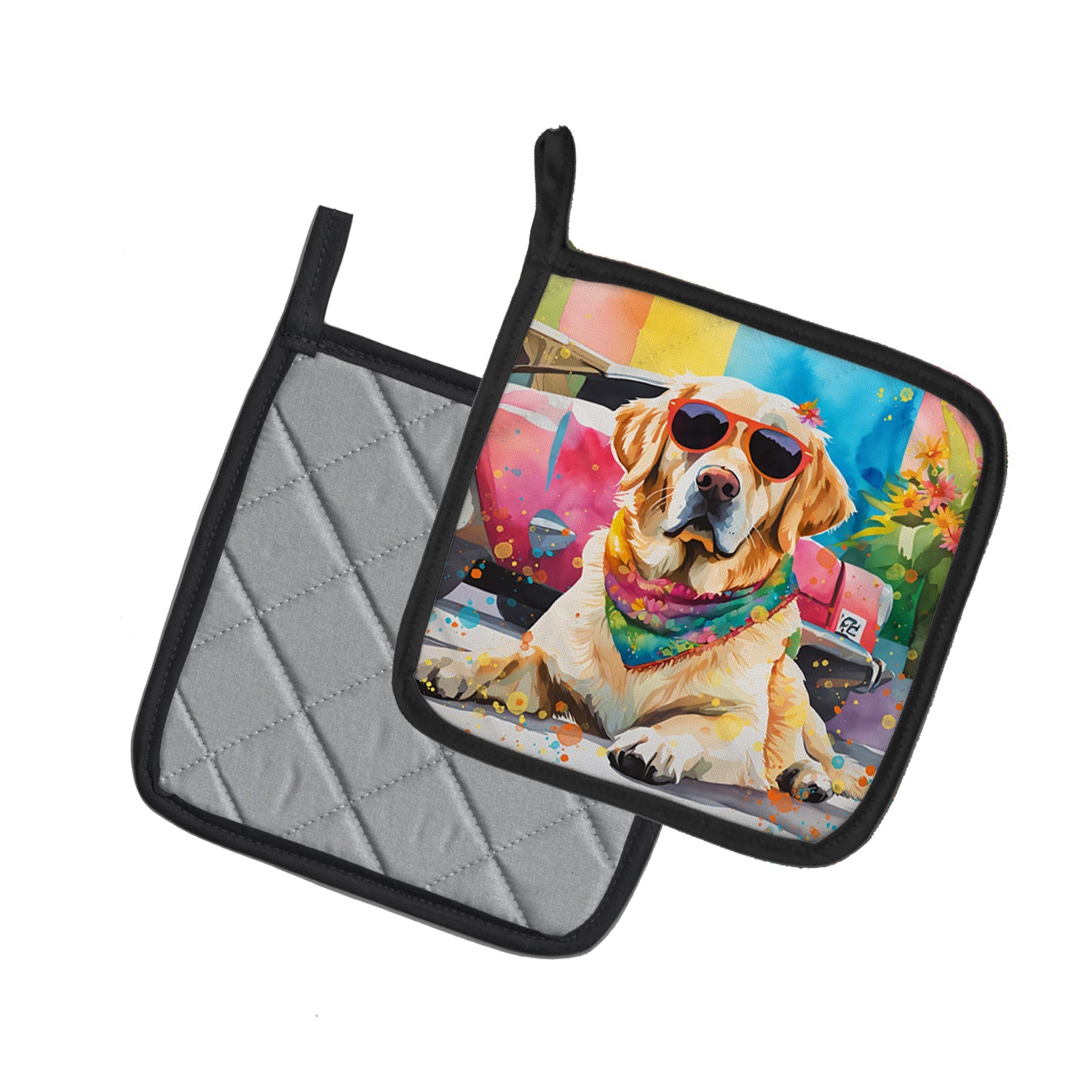 Yellow Labrador Hippie Dawg Pot Holder Set of 2 Heat Resistant Quilted Hot Pads 7.5 x 7.5 Inch, Insulated Kitchen Trivets for Cooking & Baking