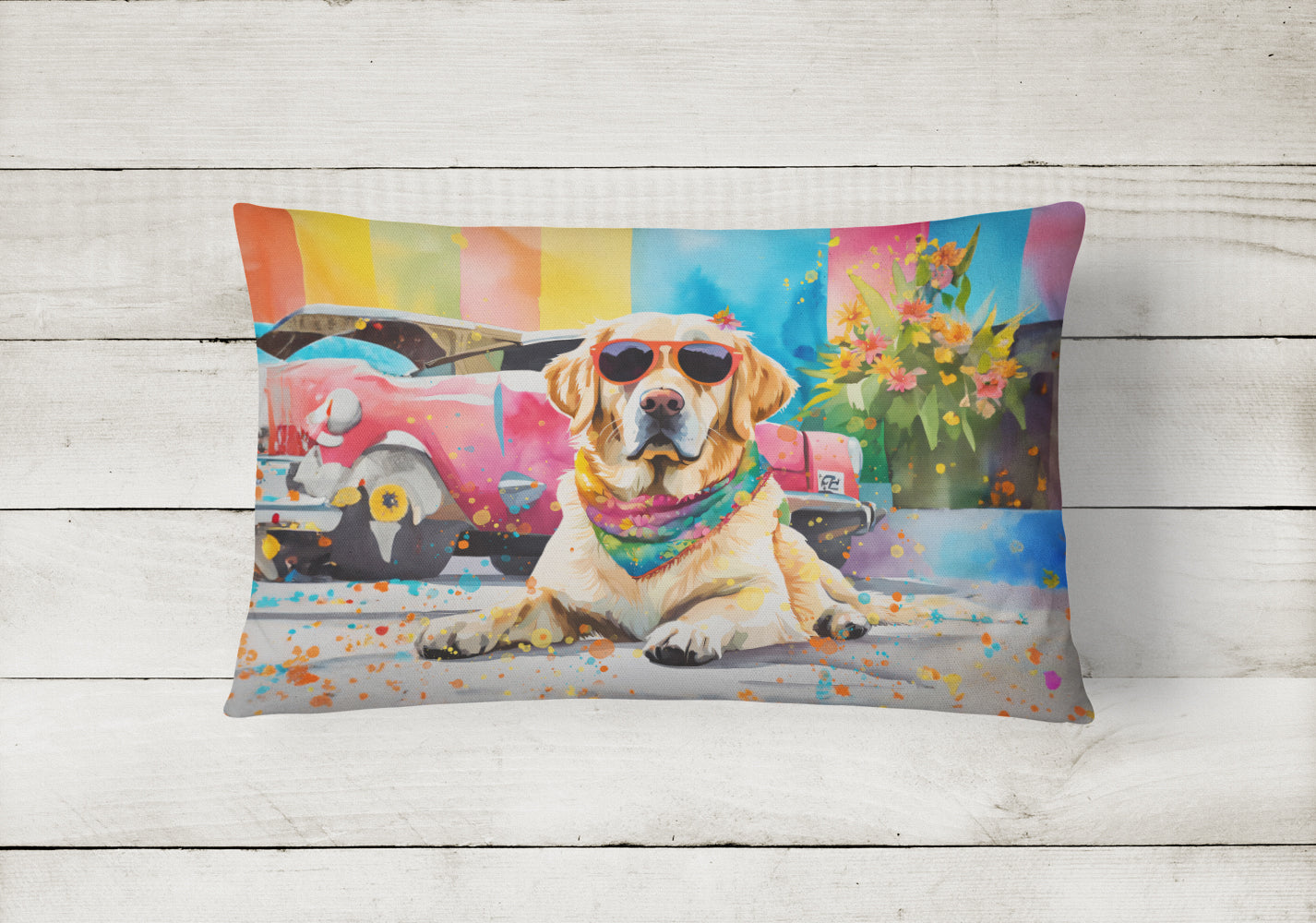Yellow Labrador Hippie Dawg Decorative Throw Pillow 12x16 Indoor Outdoor Accent Cushion, Fabric Cover with Insert for Sofa, Bed, Porch & Living Room