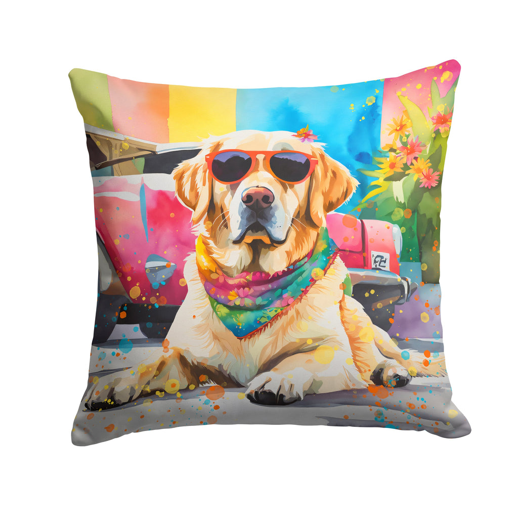 Yellow Labrador Hippie Dawg Decorative Throw Pillow 14x14 Indoor Outdoor Accent Cushion, Fabric Cover with Insert for Sofa, Bed, Porch & Living Room