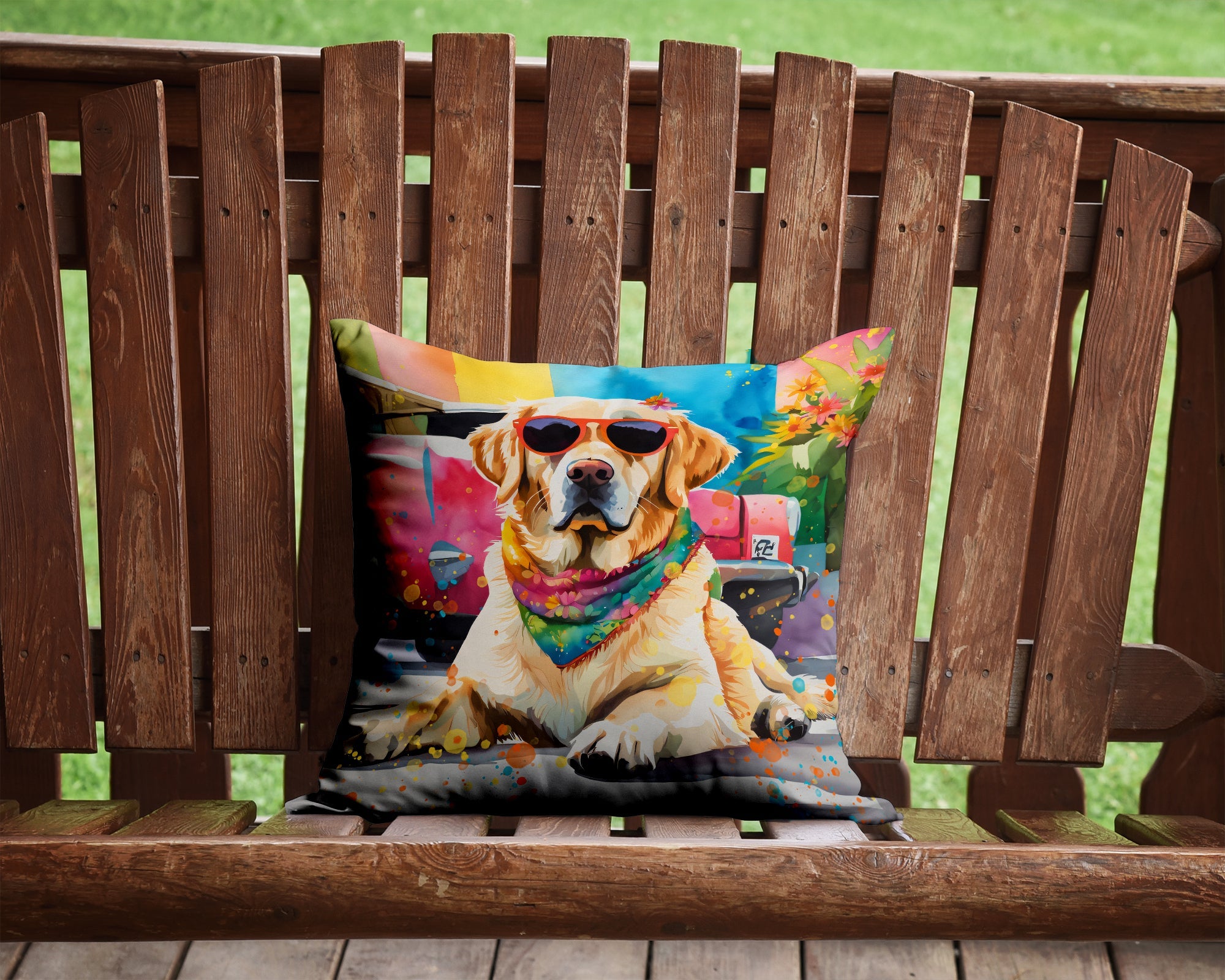Yellow Labrador Hippie Dawg Decorative Throw Pillow 14x14 Indoor Outdoor Accent Cushion, Fabric Cover with Insert for Sofa, Bed, Porch & Living Room