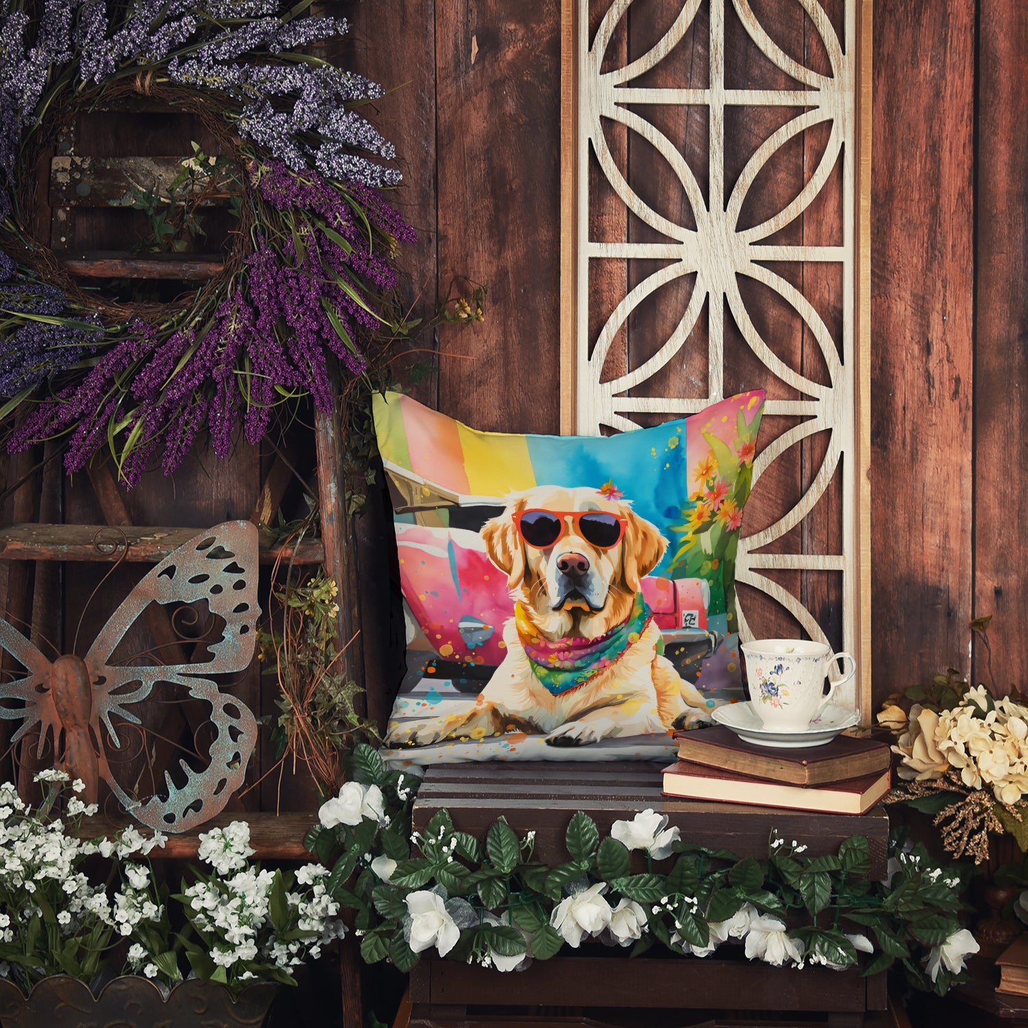 Yellow Labrador Hippie Dawg Decorative Throw Pillow 18x18 Indoor Outdoor Accent Cushion, Fabric Cover with Insert for Sofa, Bed, Porch & Living Room