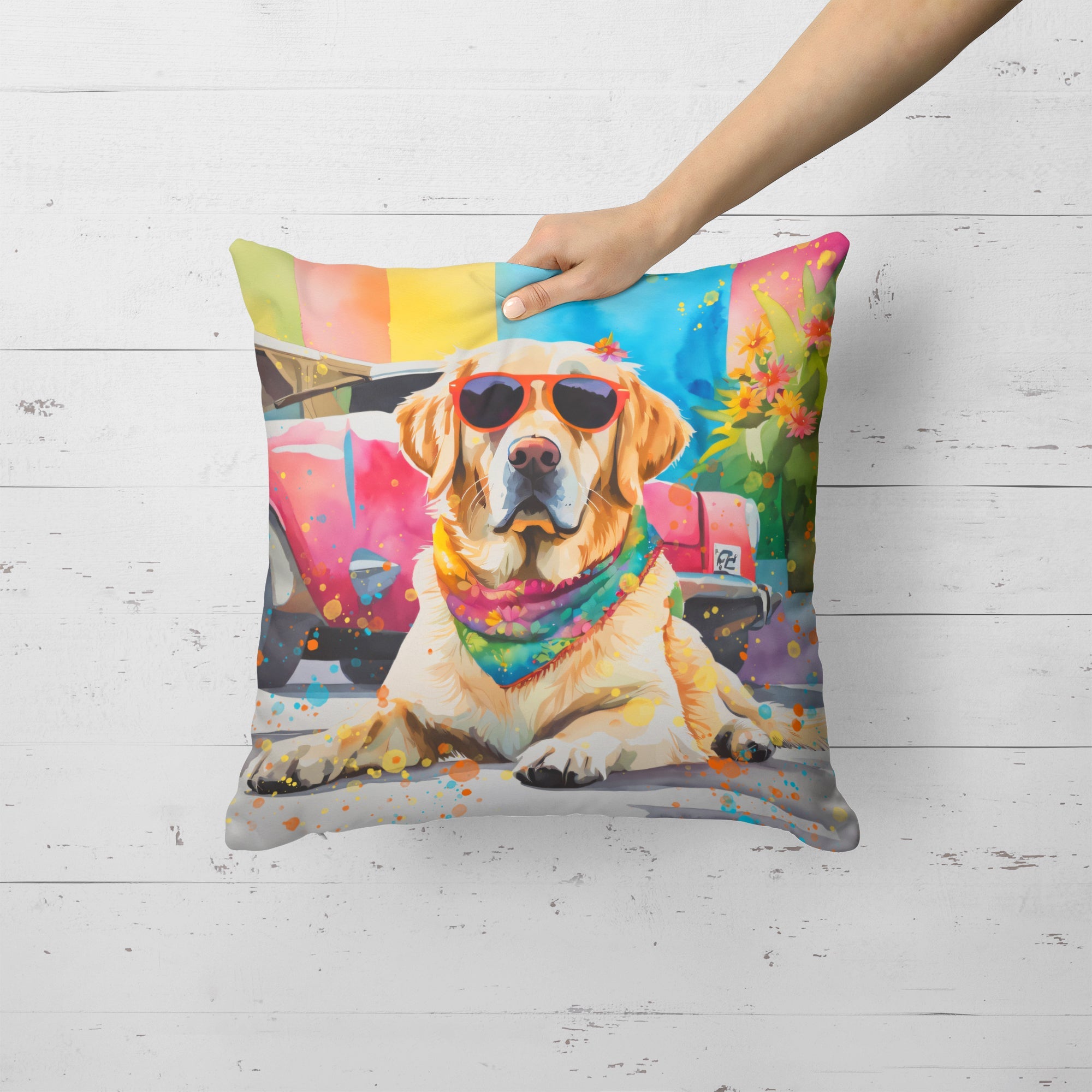 Yellow Labrador Hippie Dawg Decorative Throw Pillow 18x18 Indoor Outdoor Accent Cushion, Fabric Cover with Insert for Sofa, Bed, Porch & Living Room