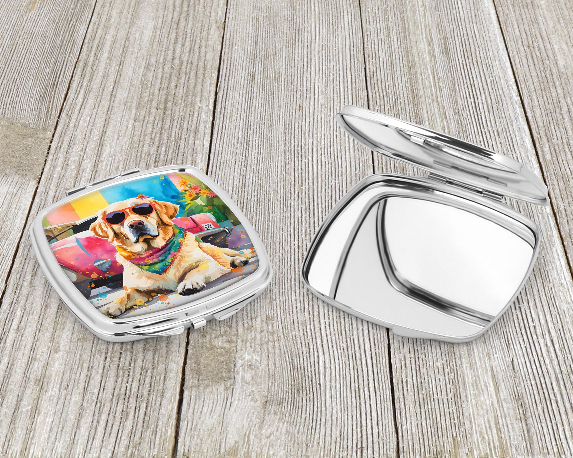 Yellow Labrador Hippie Dawg Compact Mirror Decorative Travel Makeup Mirror for Women Girls Gifts Pocket Makeup Mirror Folding Handheld