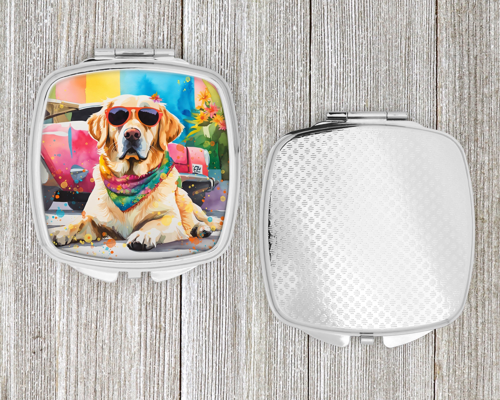 Yellow Labrador Hippie Dawg Compact Mirror Decorative Travel Makeup Mirror for Women Girls Gifts Pocket Makeup Mirror Folding Handheld