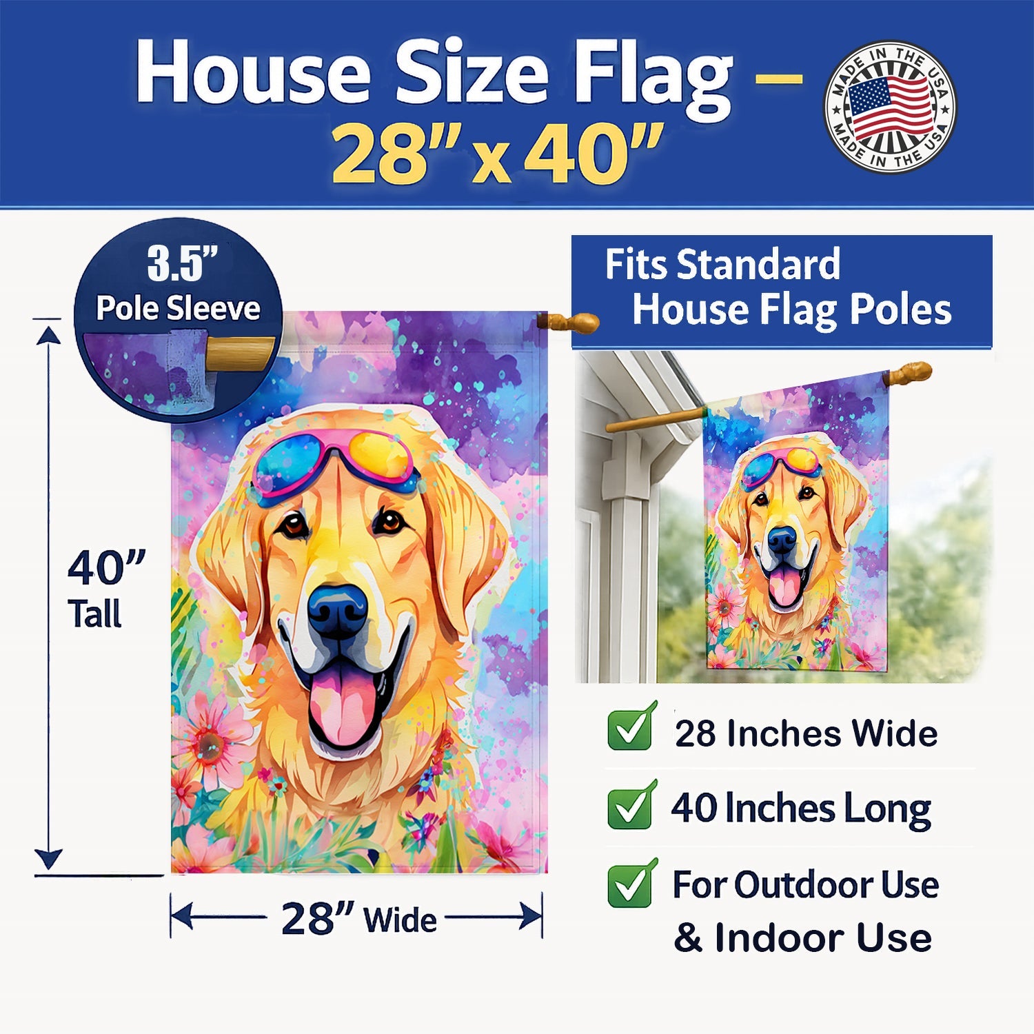 Yellow Labrador Hippie Dawg House Flag 28x40 Porch Sleeve Pole Decorative Outside Yard Banner Artwork Wall Hanging, Polyester