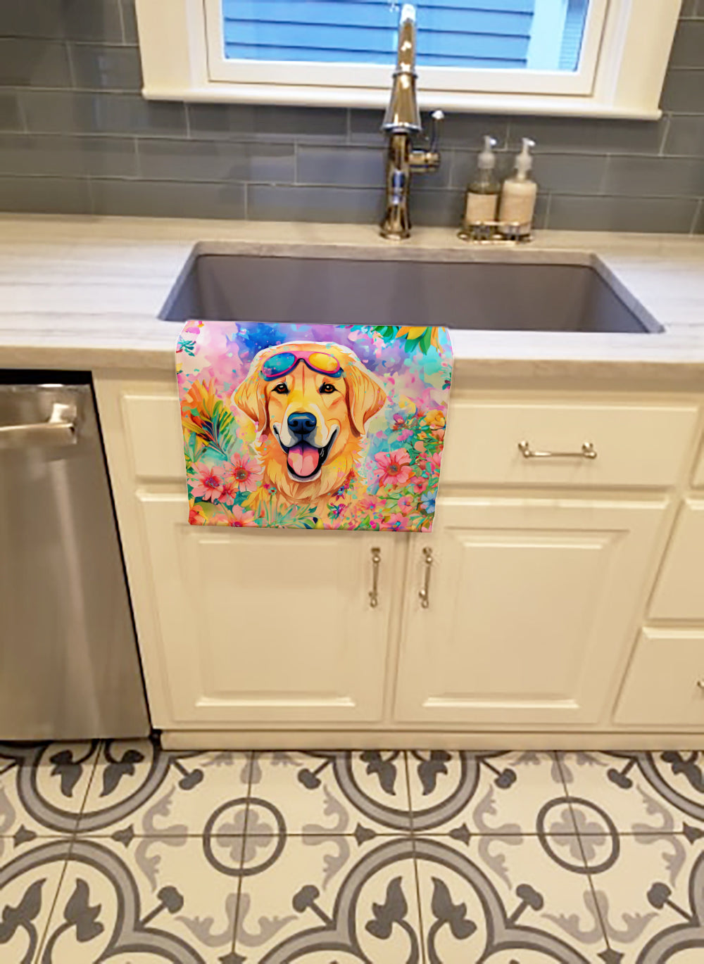 Yellow Labrador Hippie Dawg Kitchen Towel Velour Plush Front and Cotton Loop Back Machine Washable