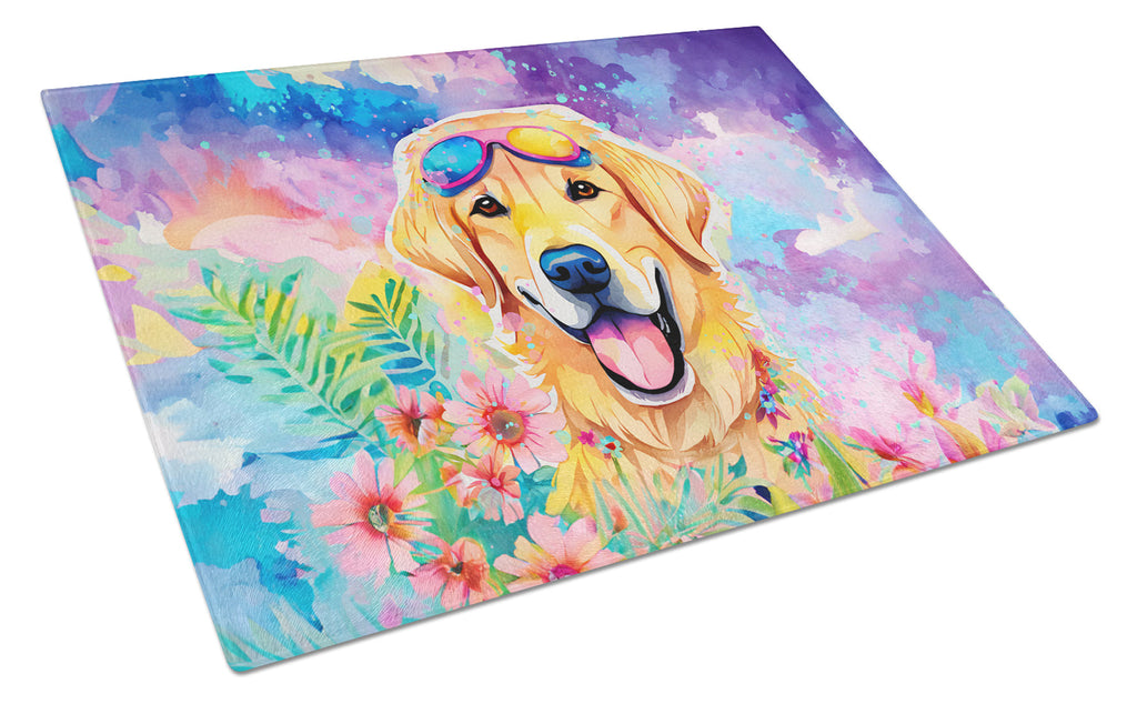 Yellow Labrador Hippie Dawg Cutting Board Tempered Glass Kitchen Cutting Surface, Heat Resistant Chopping, Non-Slip Feet, Food Prep & Serving