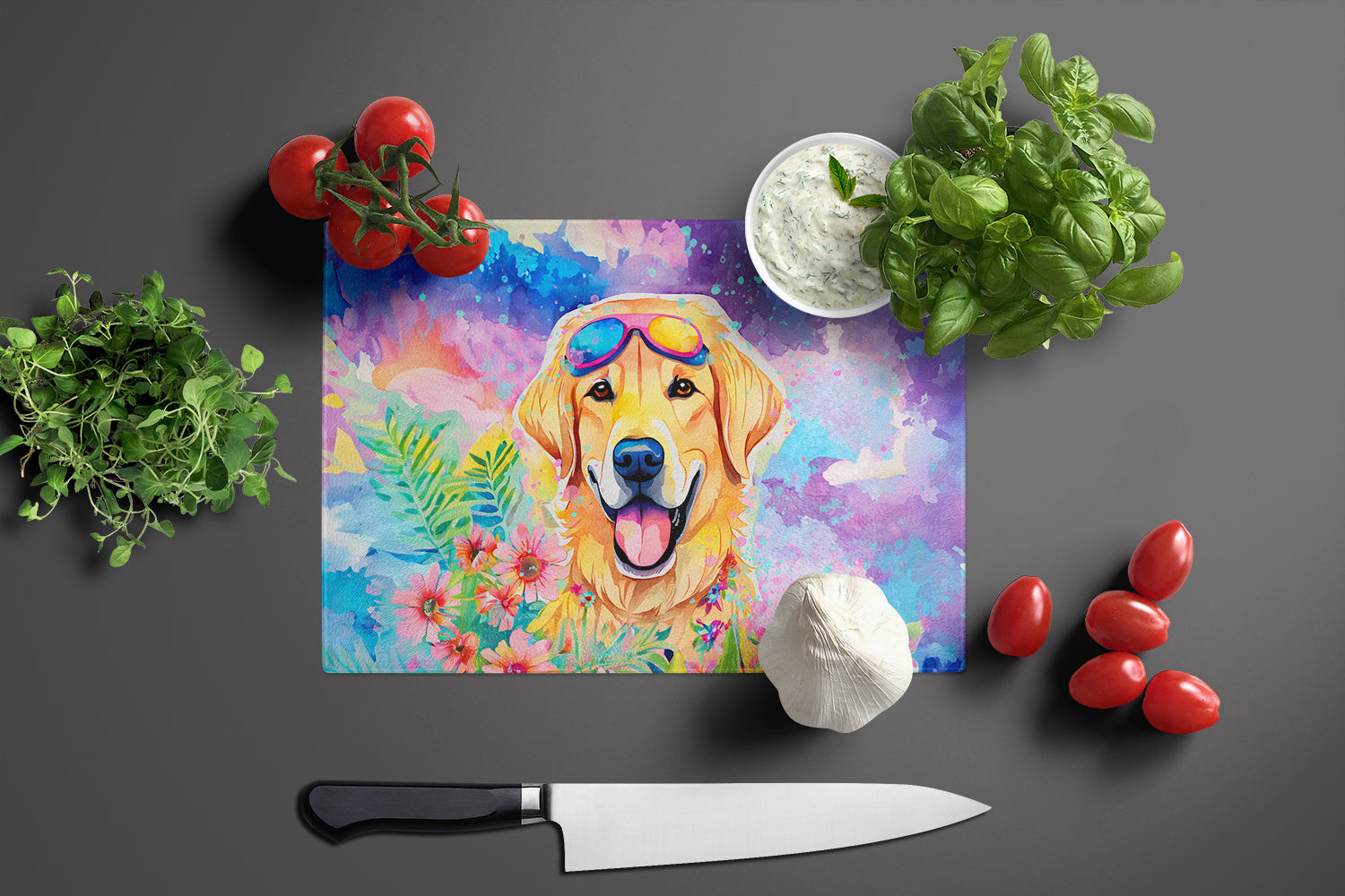 Yellow Labrador Hippie Dawg Cutting Board Tempered Glass Kitchen Cutting Surface, Heat Resistant Chopping, Non-Slip Feet, Food Prep & Serving