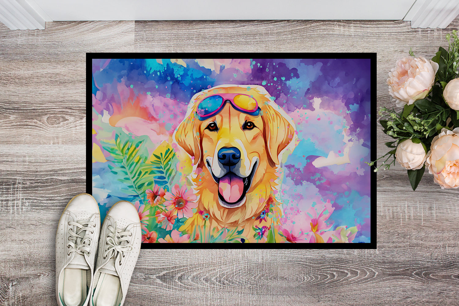 Yellow Labrador Hippie Dawg Doormat Indoor Outdoor 18H X 27W Front Door Mat Rugs for Entryway, Non Slip Washable
