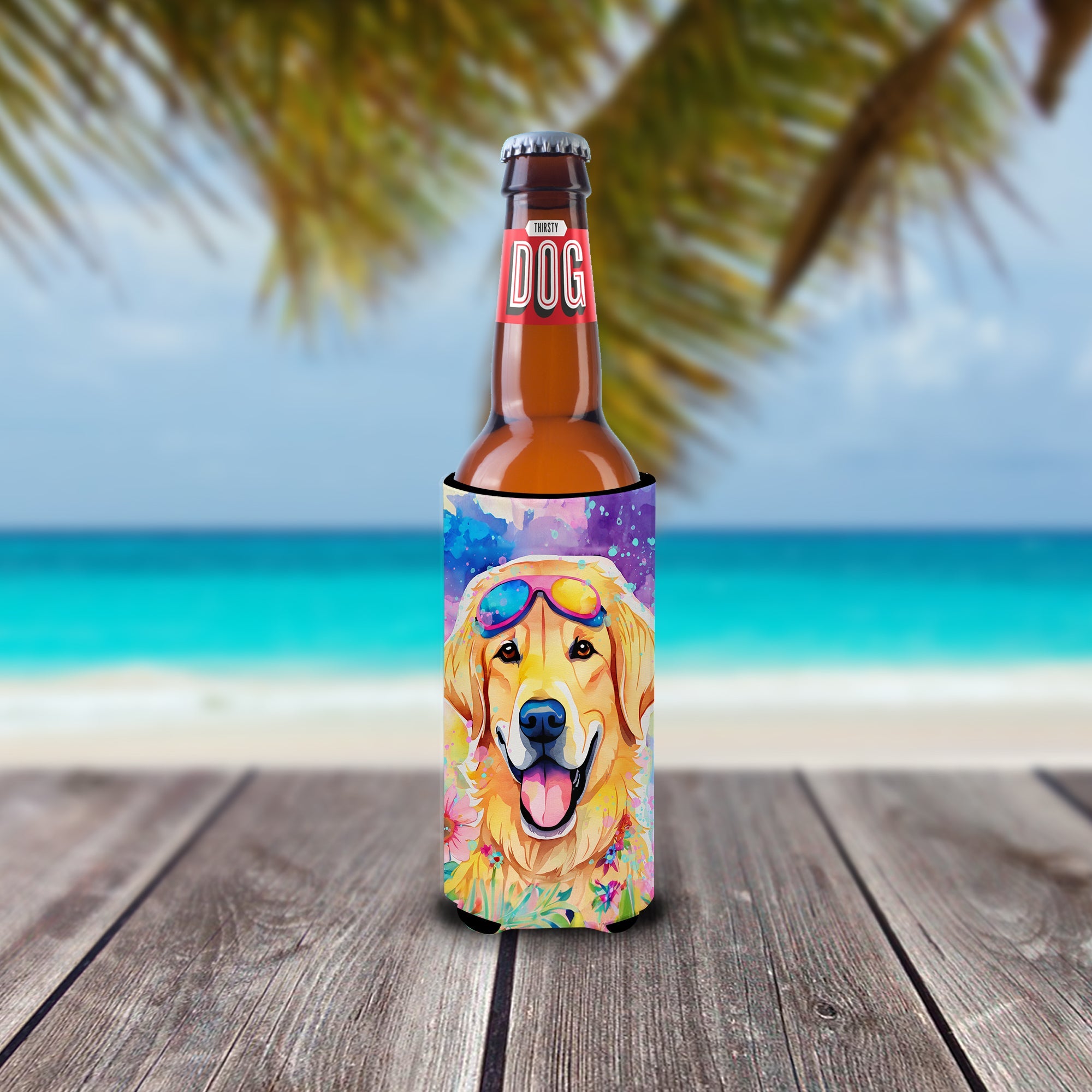 Yellow Labrador Hippie Dawg Slim Can Hugger , Insulated Foam Hugger for 12 oz Slim Cans, Beer Bottles & Water Bottles, Printed in USA