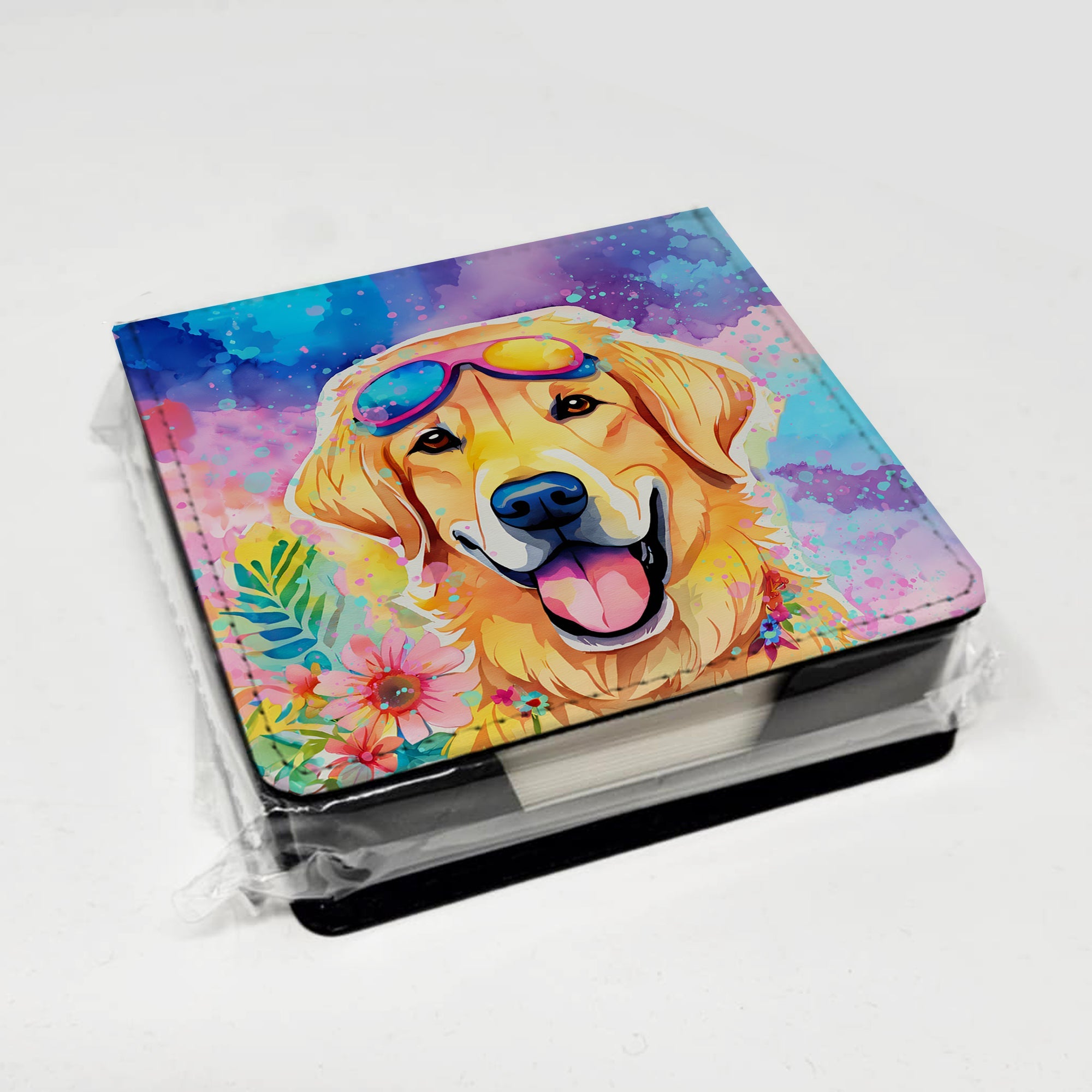 Yellow Labrador Hippie Dawg PU Leather Note Paper Holder with Artist-Designed Cover, Desk Accessory, Office Gift