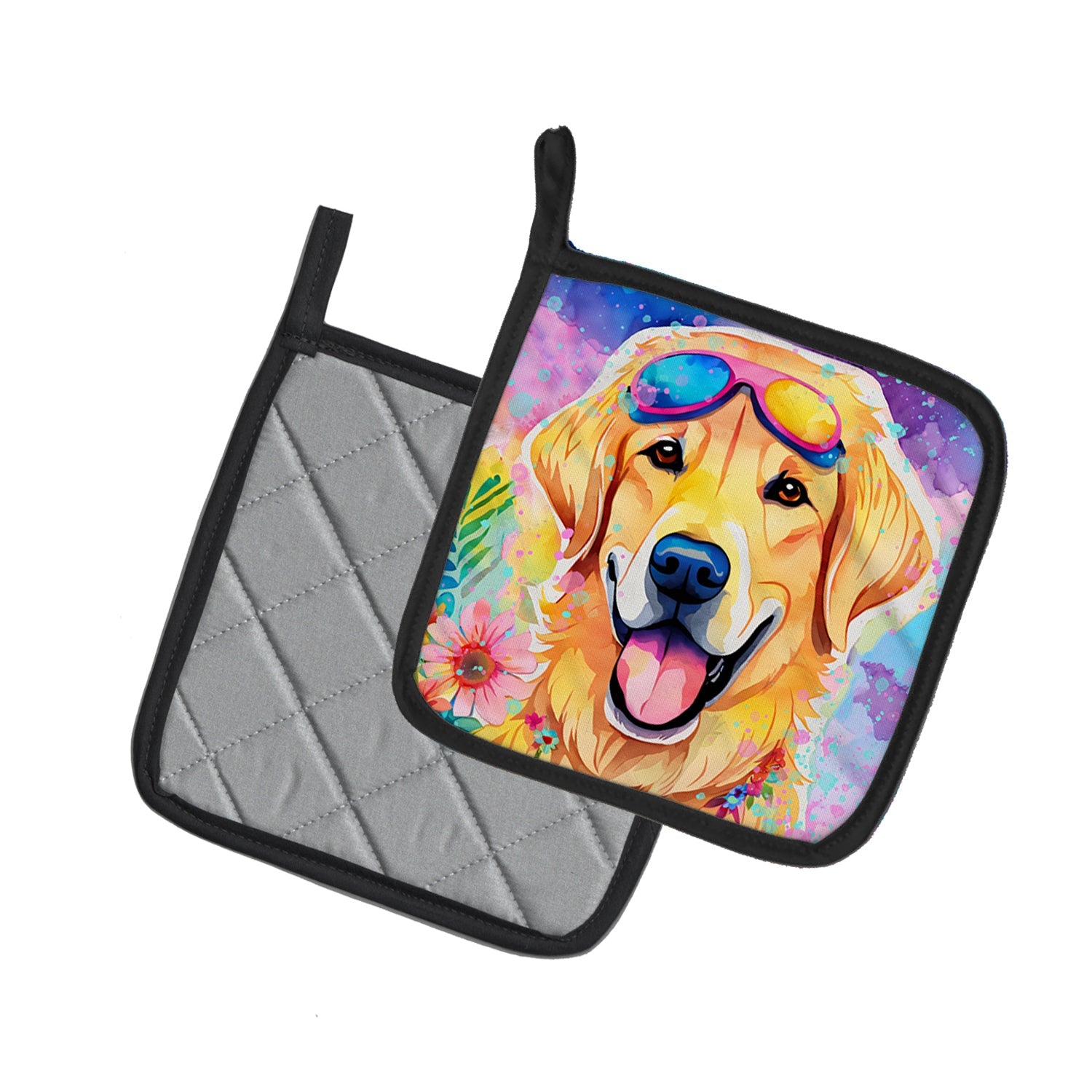 Yellow Labrador Hippie Dawg Pot Holder Set of 2 Heat Resistant Quilted Hot Pads 7.5 x 7.5 Inch, Insulated Kitchen Trivets for Cooking & Baking