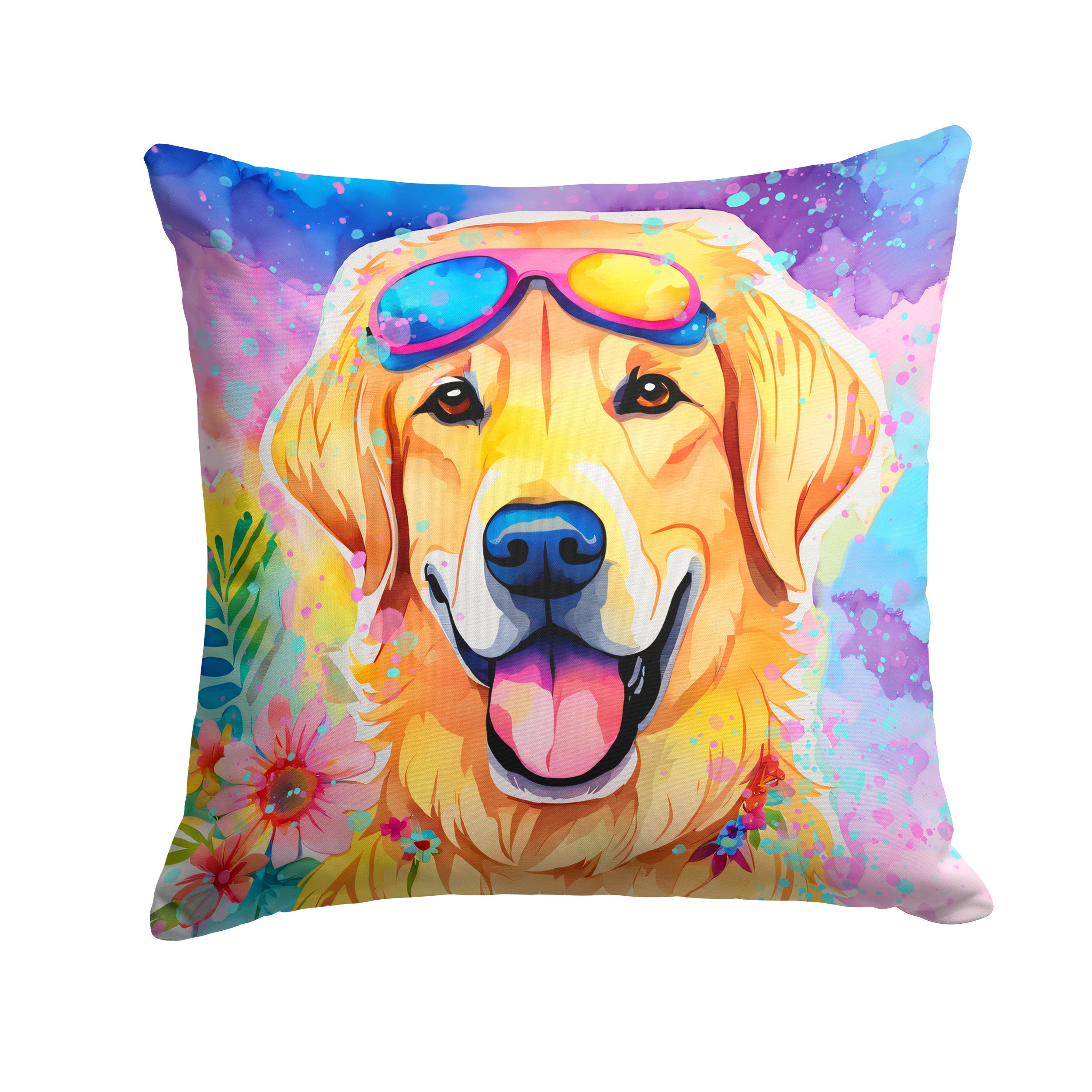Yellow Labrador Hippie Dawg Decorative Throw Pillow 14x14 Indoor Outdoor Accent Cushion, Fabric Cover with Insert for Sofa, Bed, Porch & Living Room