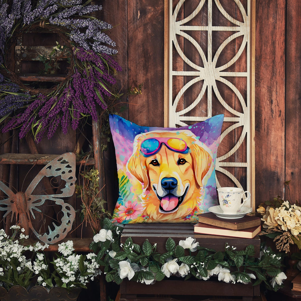 Yellow Labrador Hippie Dawg Decorative Throw Pillow 14x14 Indoor Outdoor Accent Cushion, Fabric Cover with Insert for Sofa, Bed, Porch & Living Room