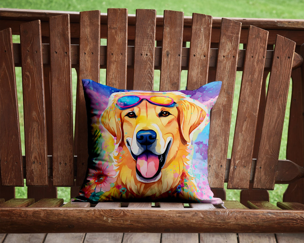 Yellow Labrador Hippie Dawg Decorative Throw Pillow 14x14 Indoor Outdoor Accent Cushion, Fabric Cover with Insert for Sofa, Bed, Porch & Living Room