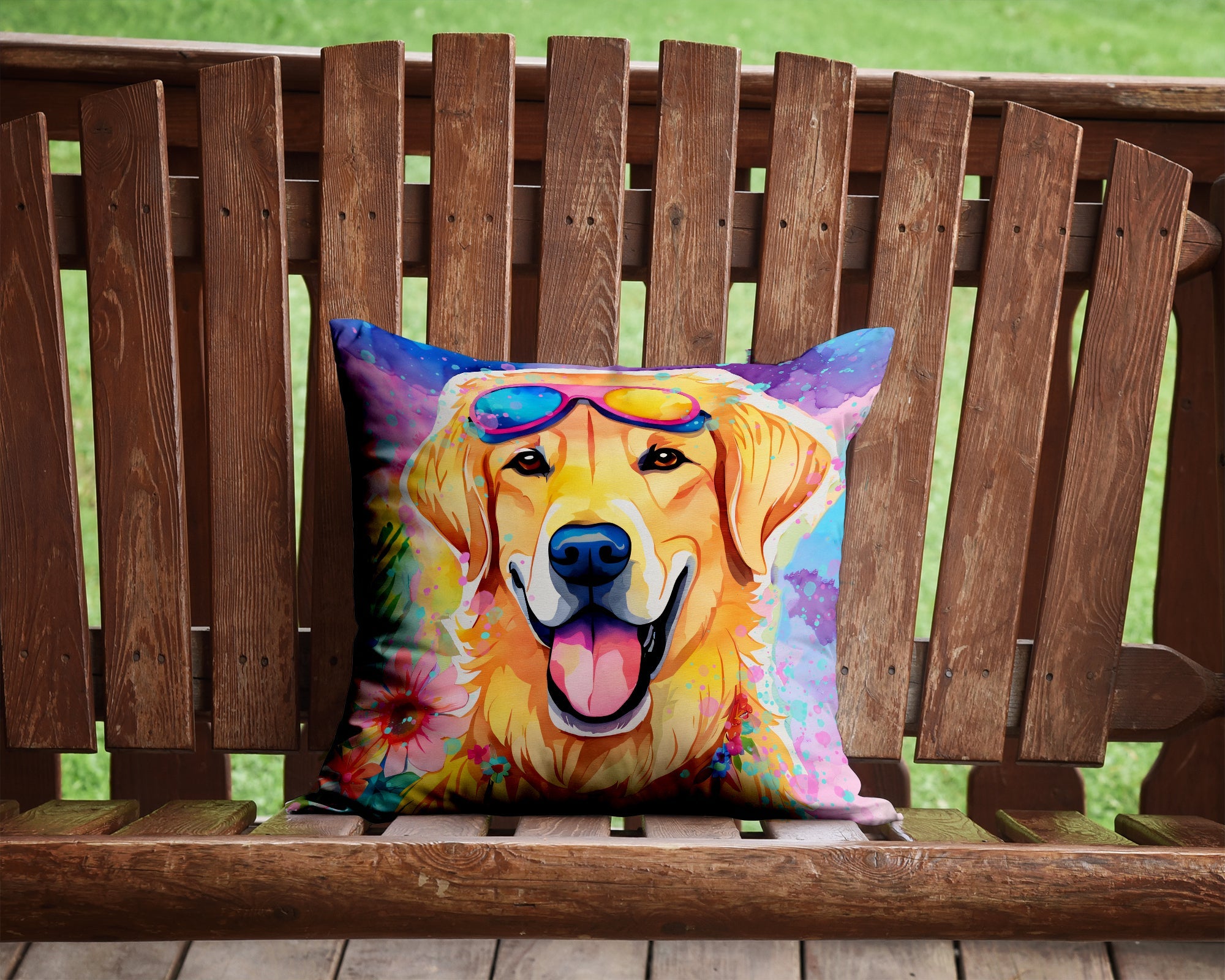 Yellow Labrador Hippie Dawg Decorative Throw Pillow 14x14 Indoor Outdoor Accent Cushion, Fabric Cover with Insert for Sofa, Bed, Porch & Living Room