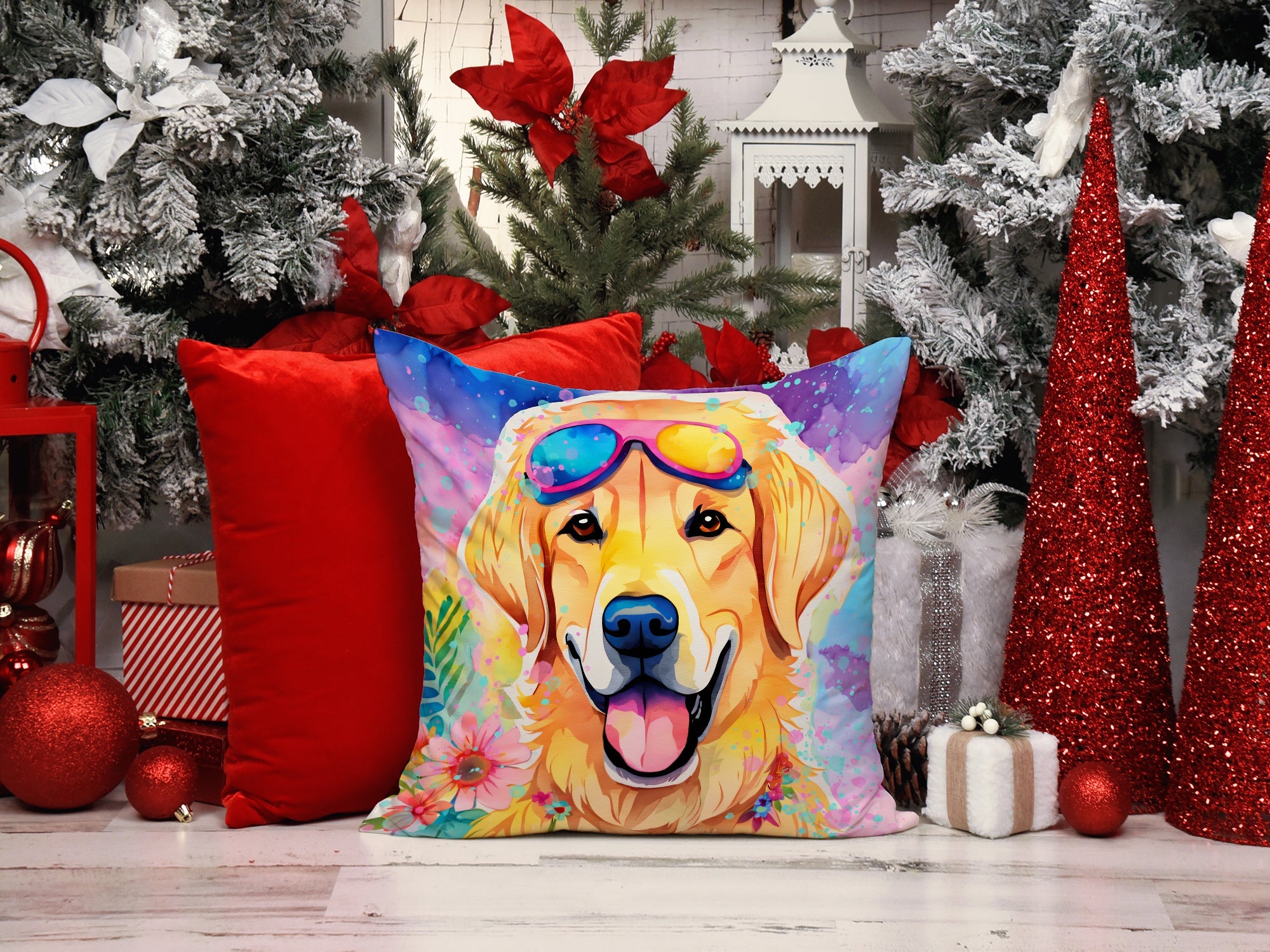 Yellow Labrador Hippie Dawg Decorative Throw Pillow 18x18 Indoor Outdoor Accent Cushion, Fabric Cover with Insert for Sofa, Bed, Porch & Living Room