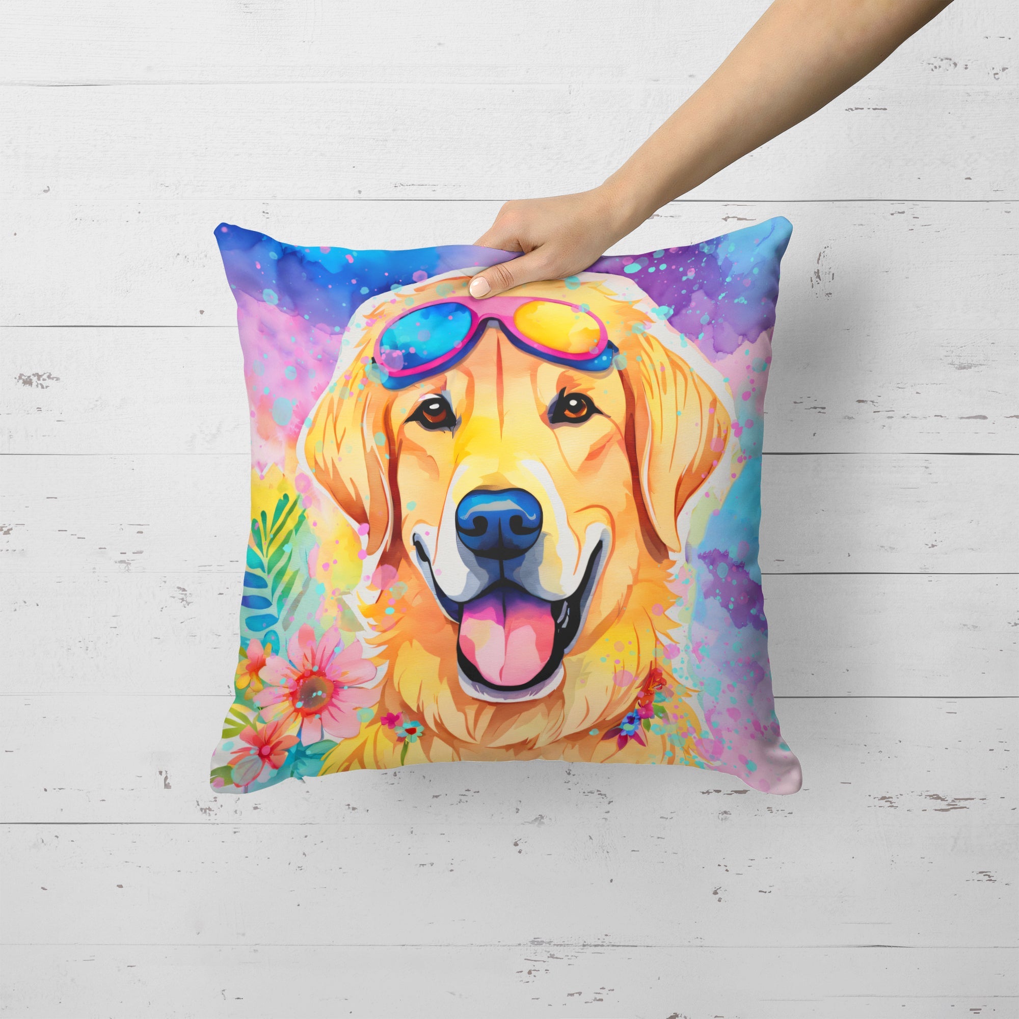 Yellow Labrador Hippie Dawg Decorative Throw Pillow 18x18 Indoor Outdoor Accent Cushion, Fabric Cover with Insert for Sofa, Bed, Porch & Living Room