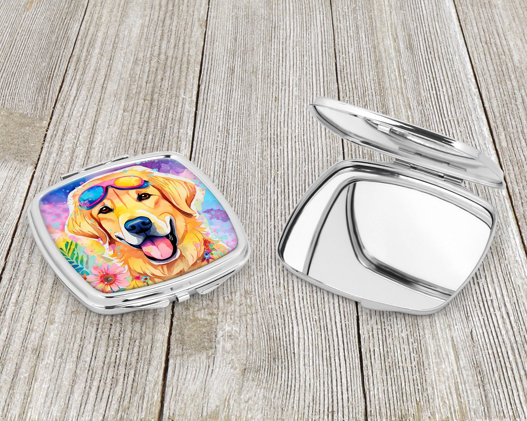 Yellow Labrador Hippie Dawg Compact Mirror Decorative Travel Makeup Mirror for Women Girls Gifts Pocket Makeup Mirror Folding Handheld