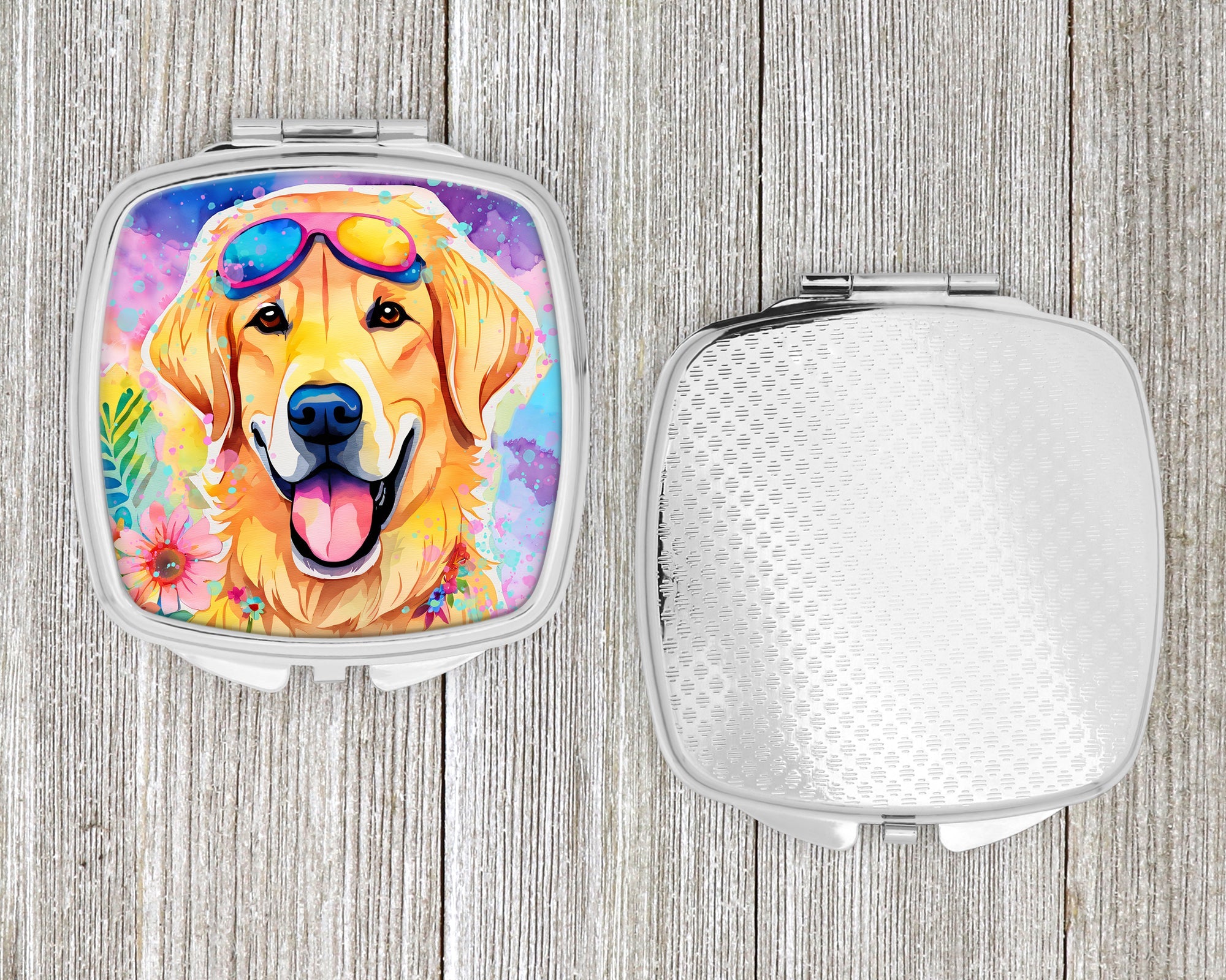 Yellow Labrador Hippie Dawg Compact Mirror Decorative Travel Makeup Mirror for Women Girls Gifts Pocket Makeup Mirror Folding Handheld