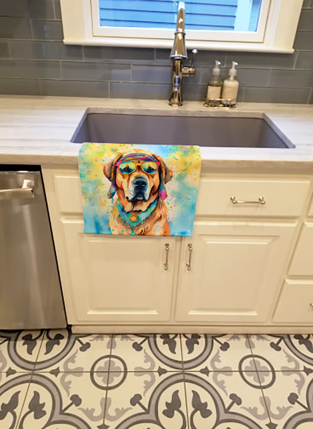 Mastiff Hippie Dawg Kitchen Towel Velour Plush Front and Cotton Loop Back Machine Washable