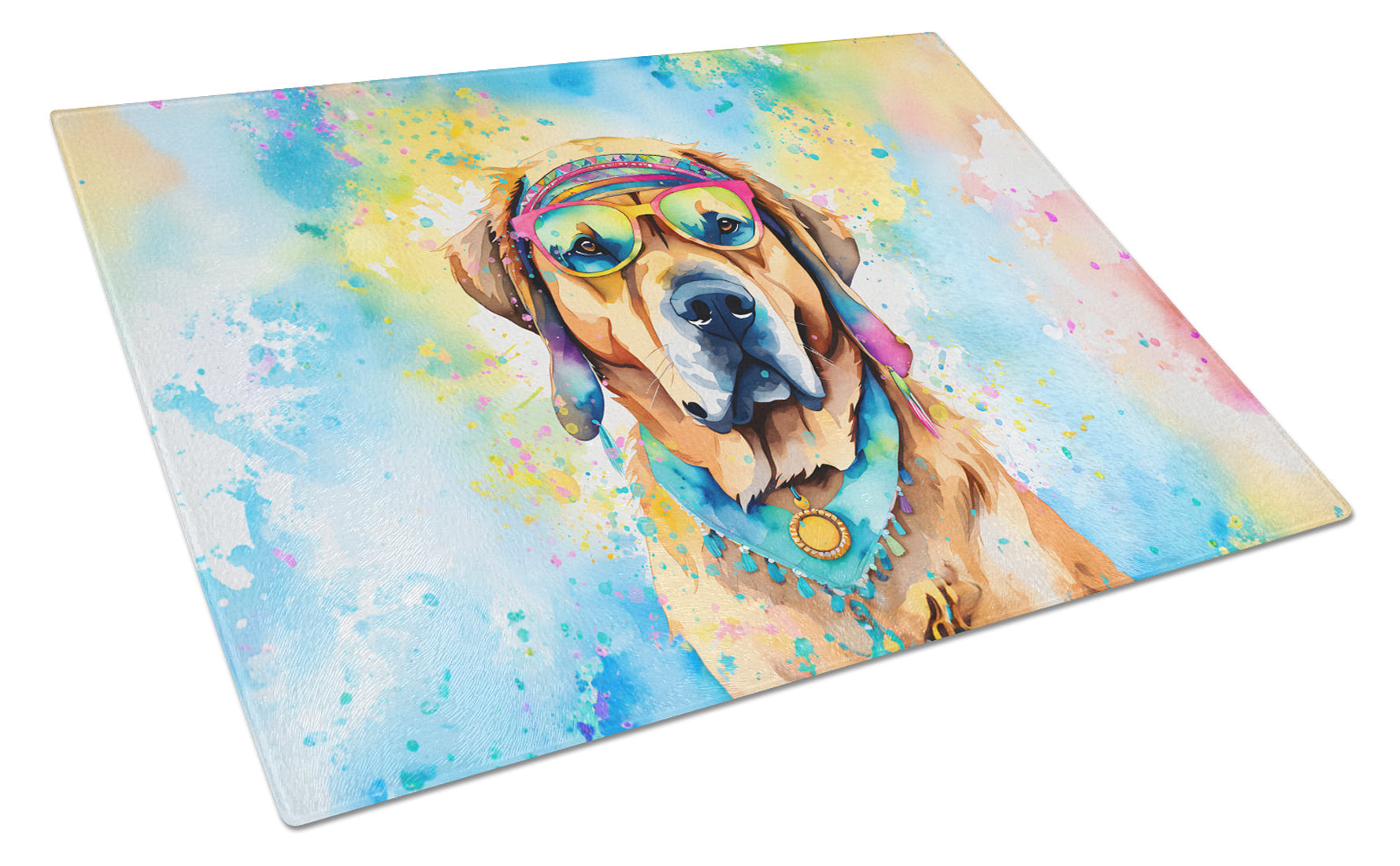 Mastiff Hippie Dawg Cutting Board Tempered Glass Kitchen Cutting Surface, Heat Resistant Chopping, Non-Slip Feet, Food Prep & Serving