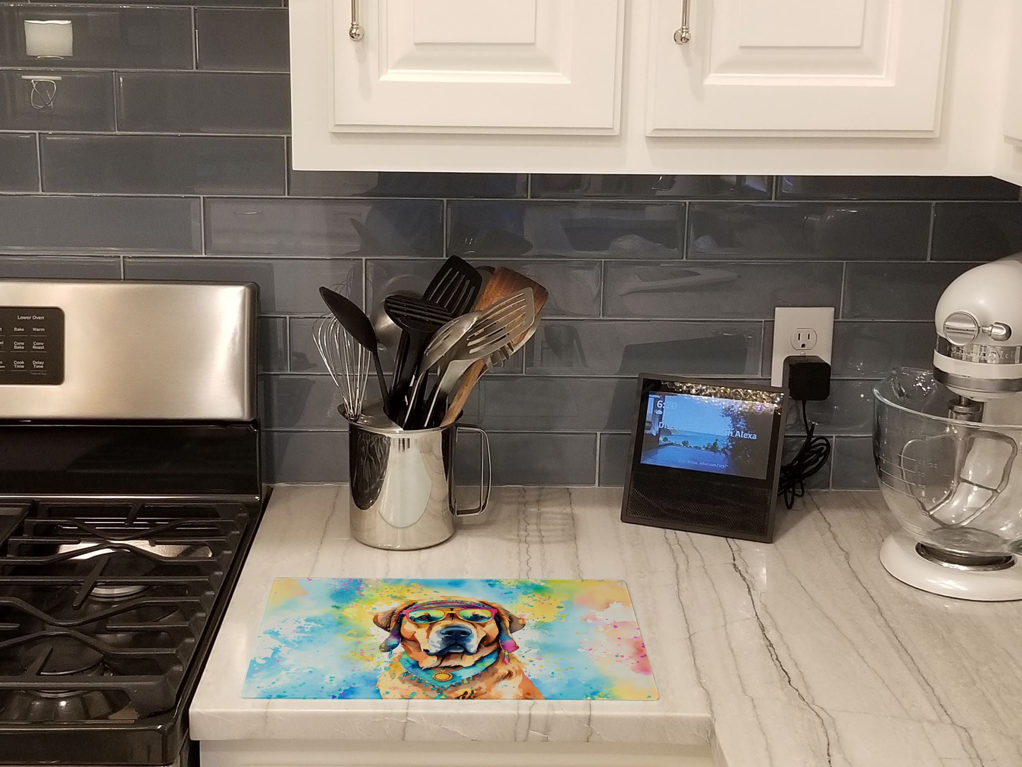 Mastiff Hippie Dawg Cutting Board Tempered Glass Kitchen Cutting Surface, Heat Resistant Chopping, Non-Slip Feet, Food Prep & Serving