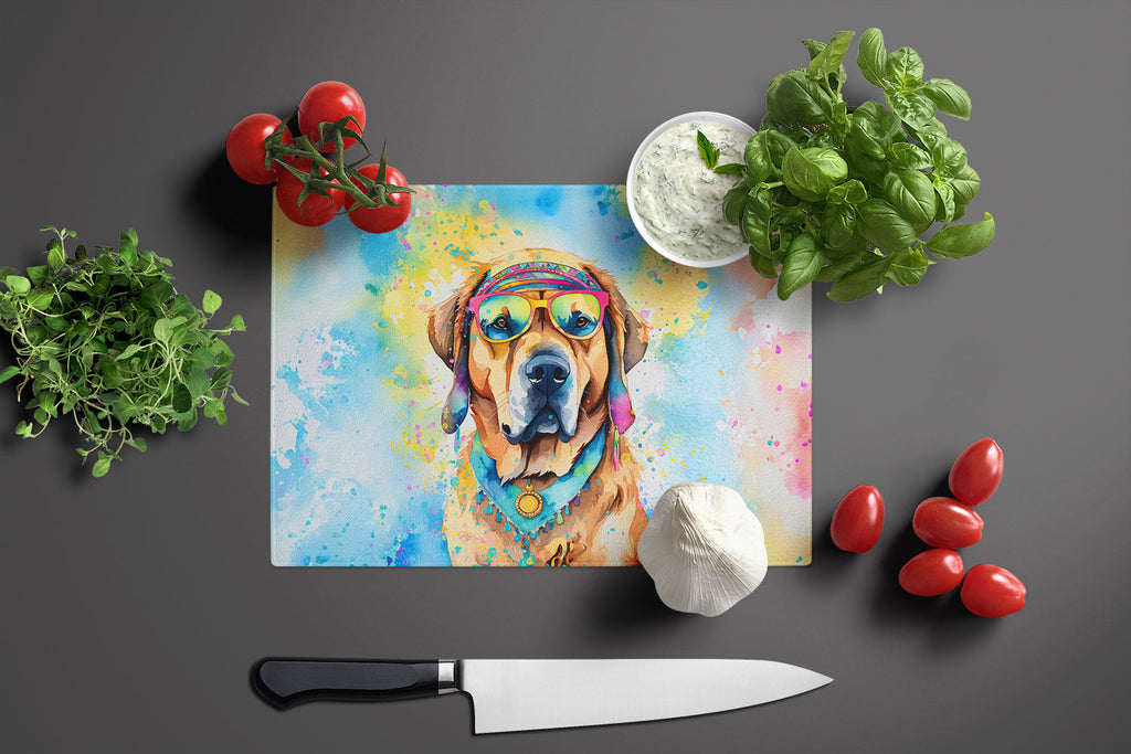 Mastiff Hippie Dawg Cutting Board Tempered Glass Kitchen Cutting Surface, Heat Resistant Chopping, Non-Slip Feet, Food Prep & Serving
