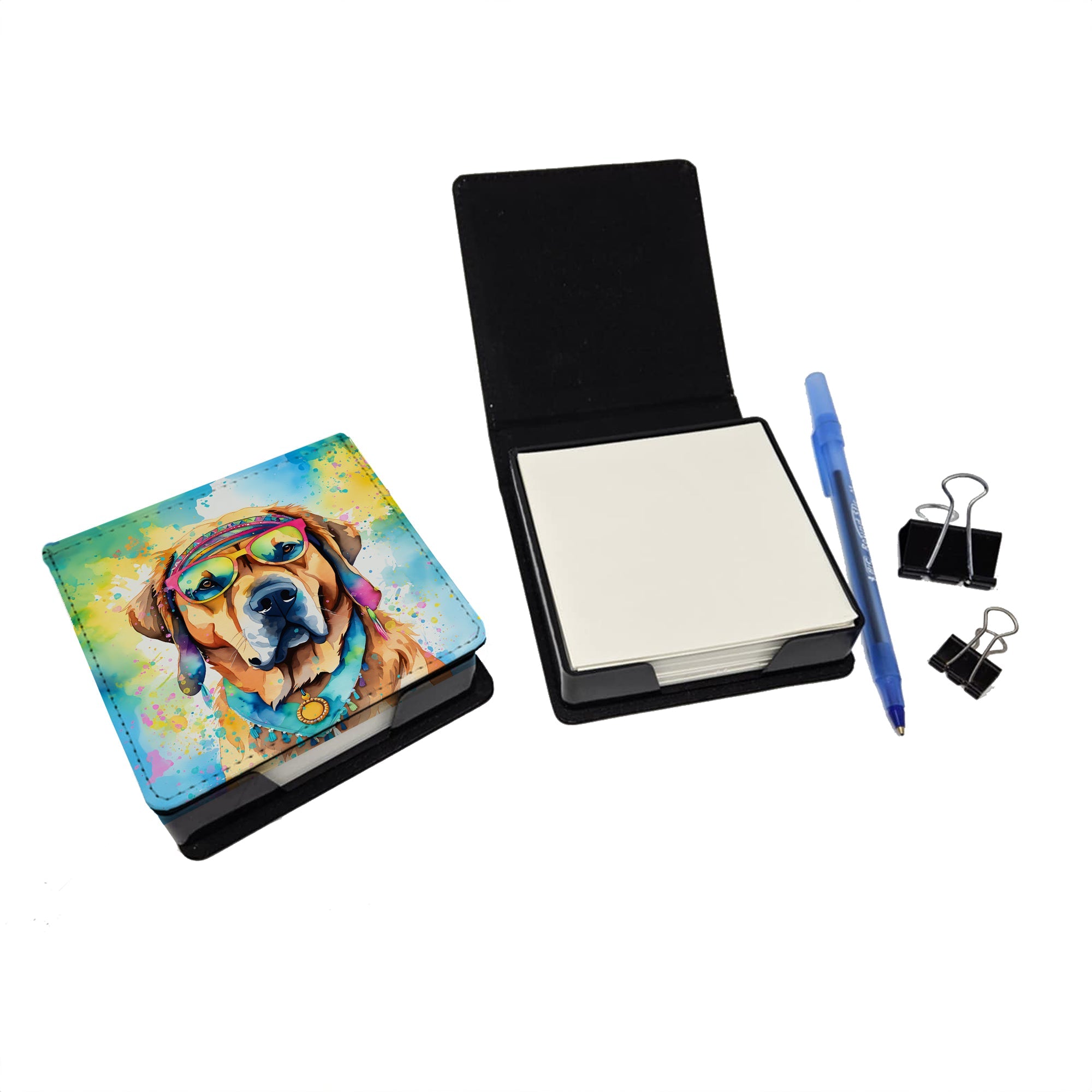 Mastiff Hippie Dawg PU Leather Note Paper Holder with Artist-Designed Cover, Desk Accessory, Office Gift